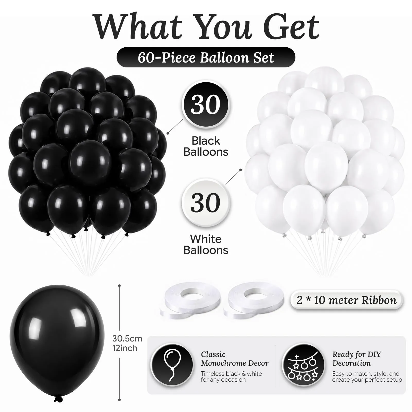 60 Pezzi Palloncini Neri e Bianchi, Palloncino di Elio Bianco e Nero - immagine 2