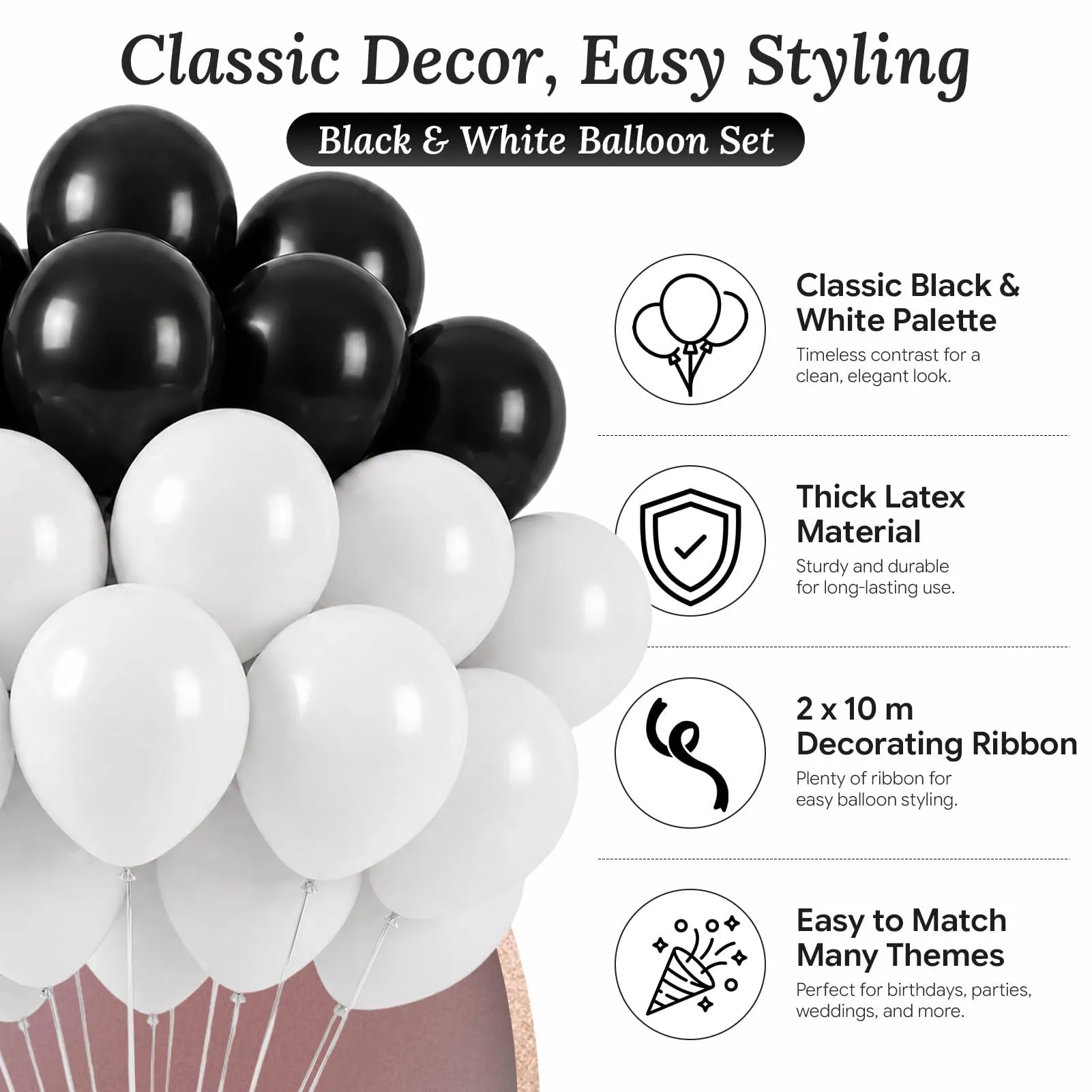 60 Pezzi Palloncini Neri e Bianchi, Palloncino di Elio Bianco e Nero - immagine 3
