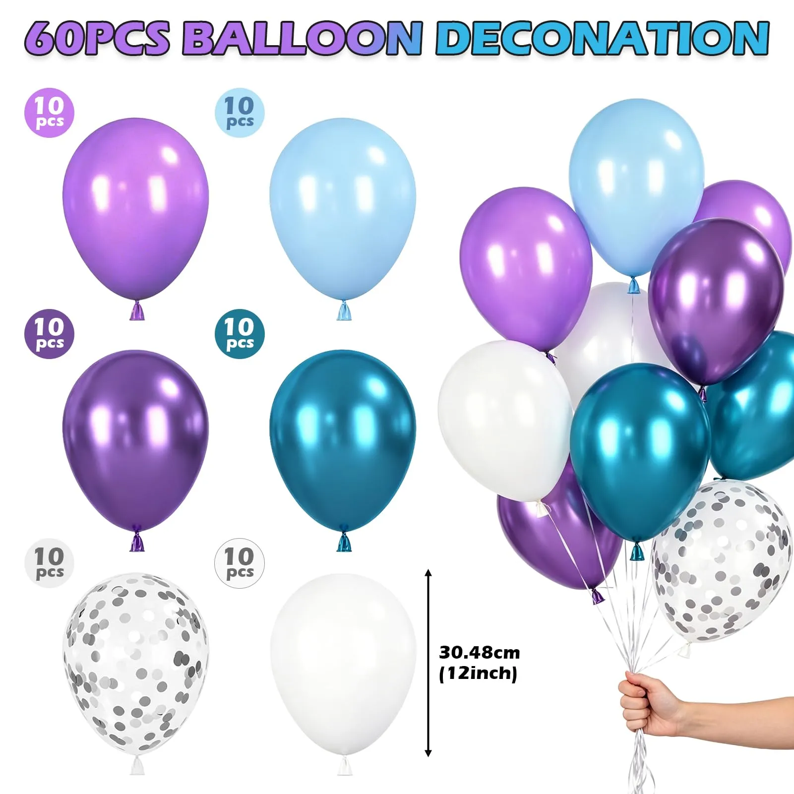 60 Pezzi Palloncini Blu Viola Bianco, Blu Lavanda Palloncino Elio - immagine 2