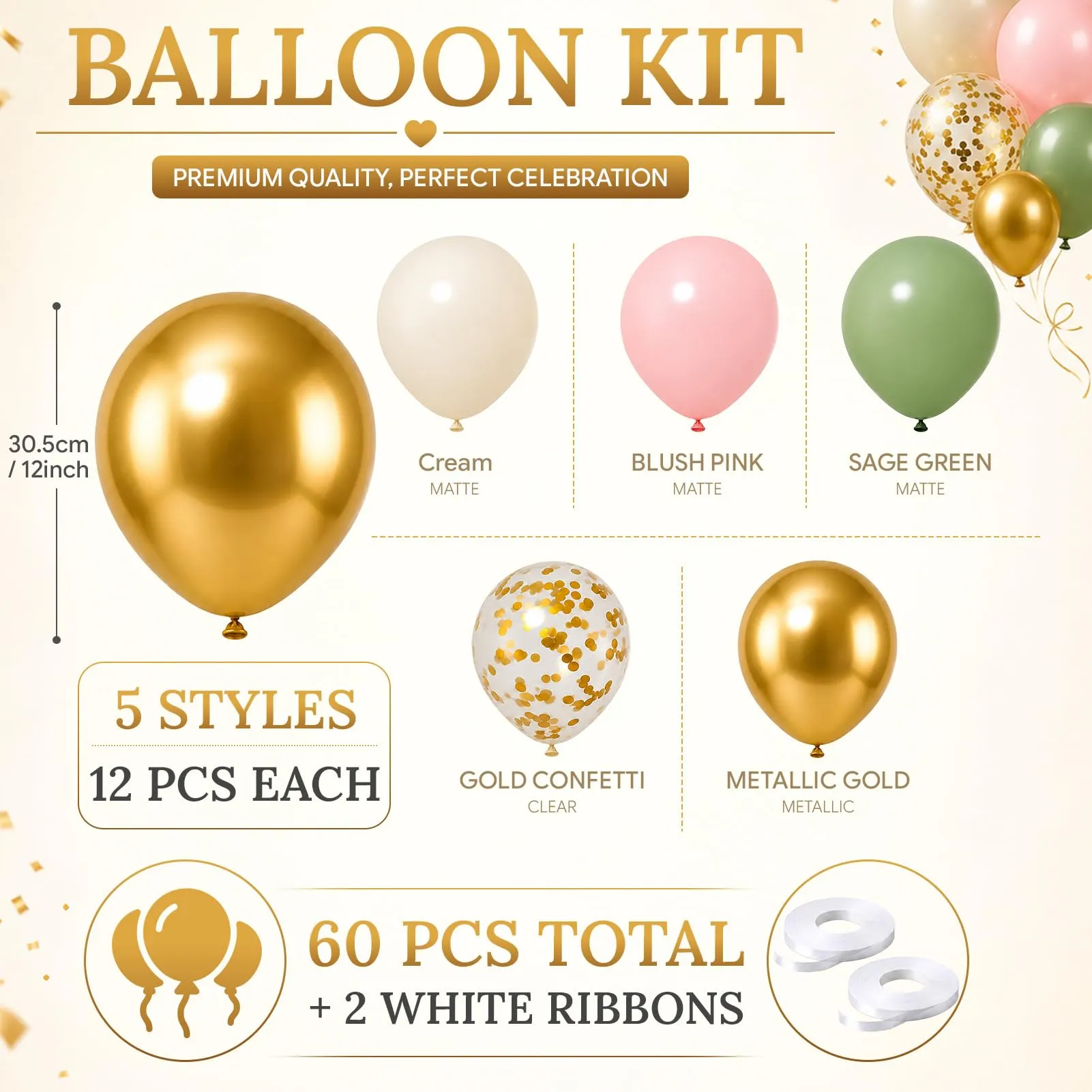 60 Pezzi Palloncini Verde Rosa Oro e Beige, Palloncino Lattice Pastello - immagine 2