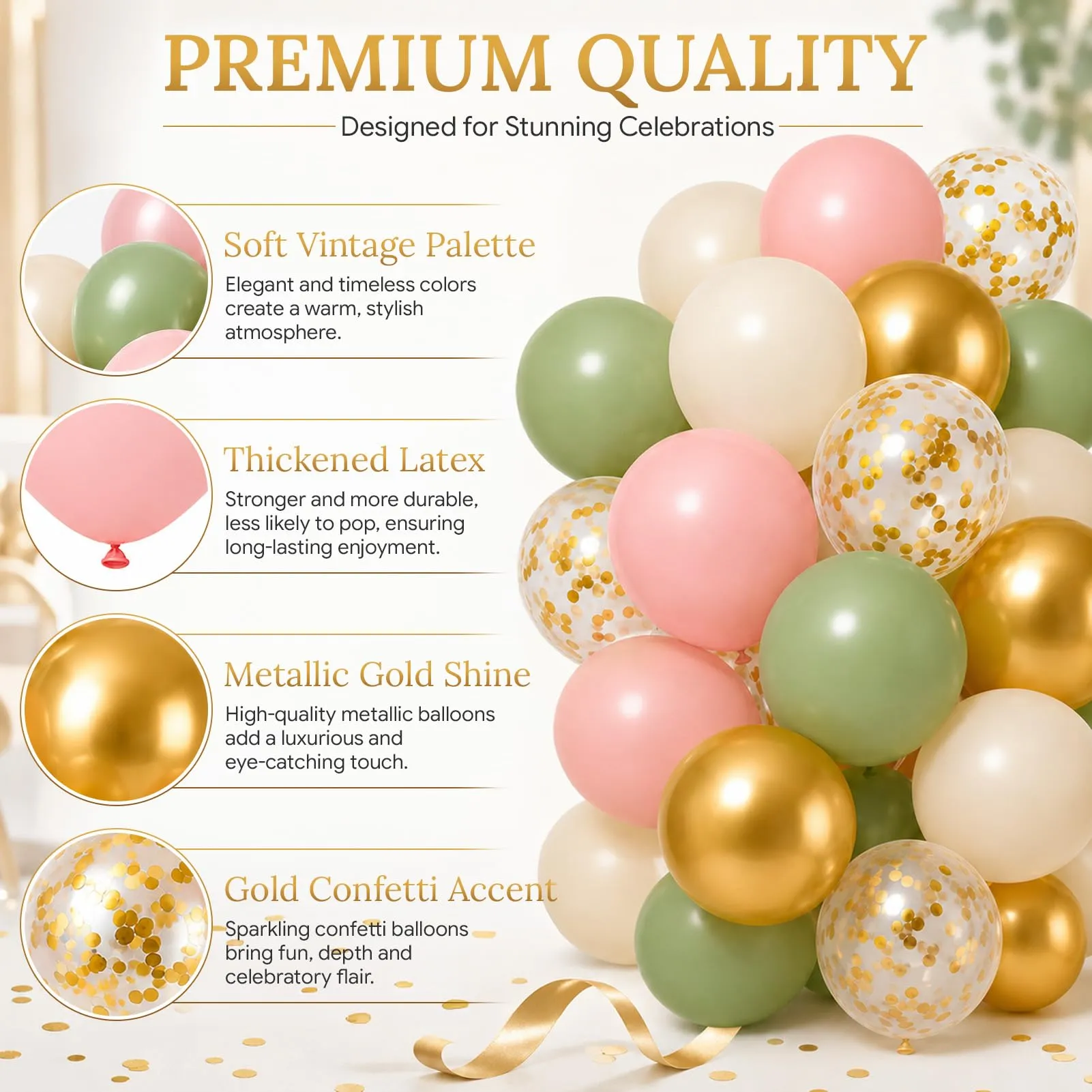 60 Pezzi Palloncini Verde Rosa Oro e Beige, Palloncino Lattice Pastello - immagine 4