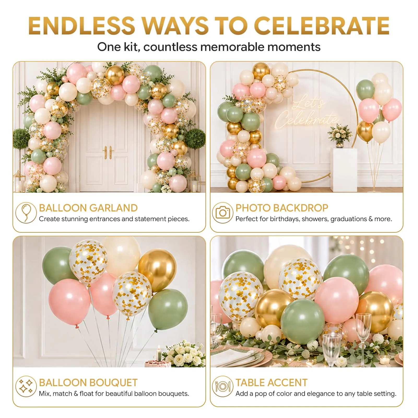 60 Pezzi Palloncini Verde Rosa Oro e Beige, Palloncino Lattice Pastello - immagine 6