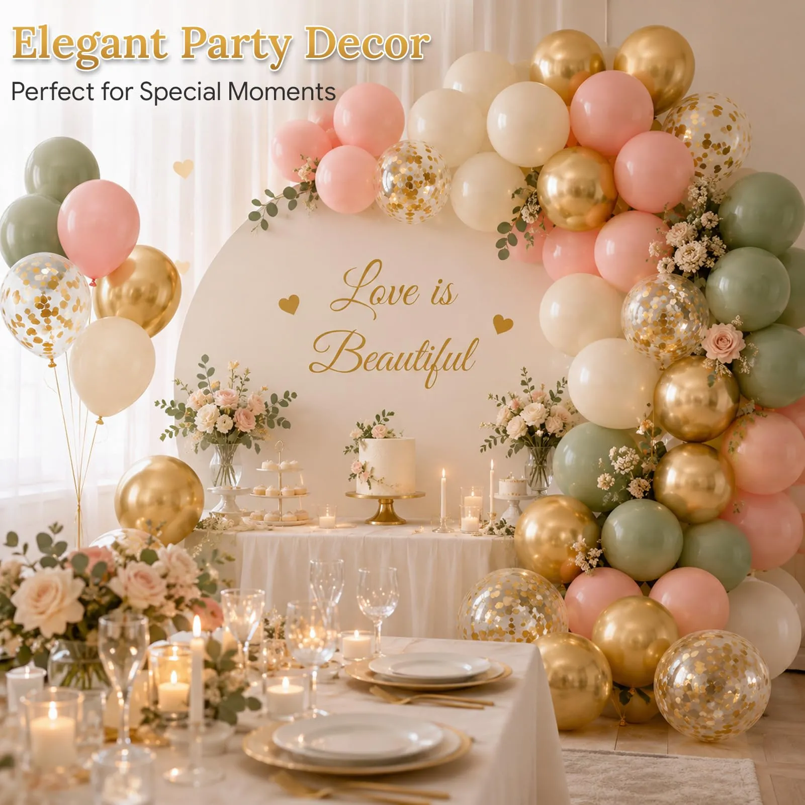 60 Pezzi Palloncini Verde Rosa Oro e Beige, Palloncino Lattice Pastello - immagine 7