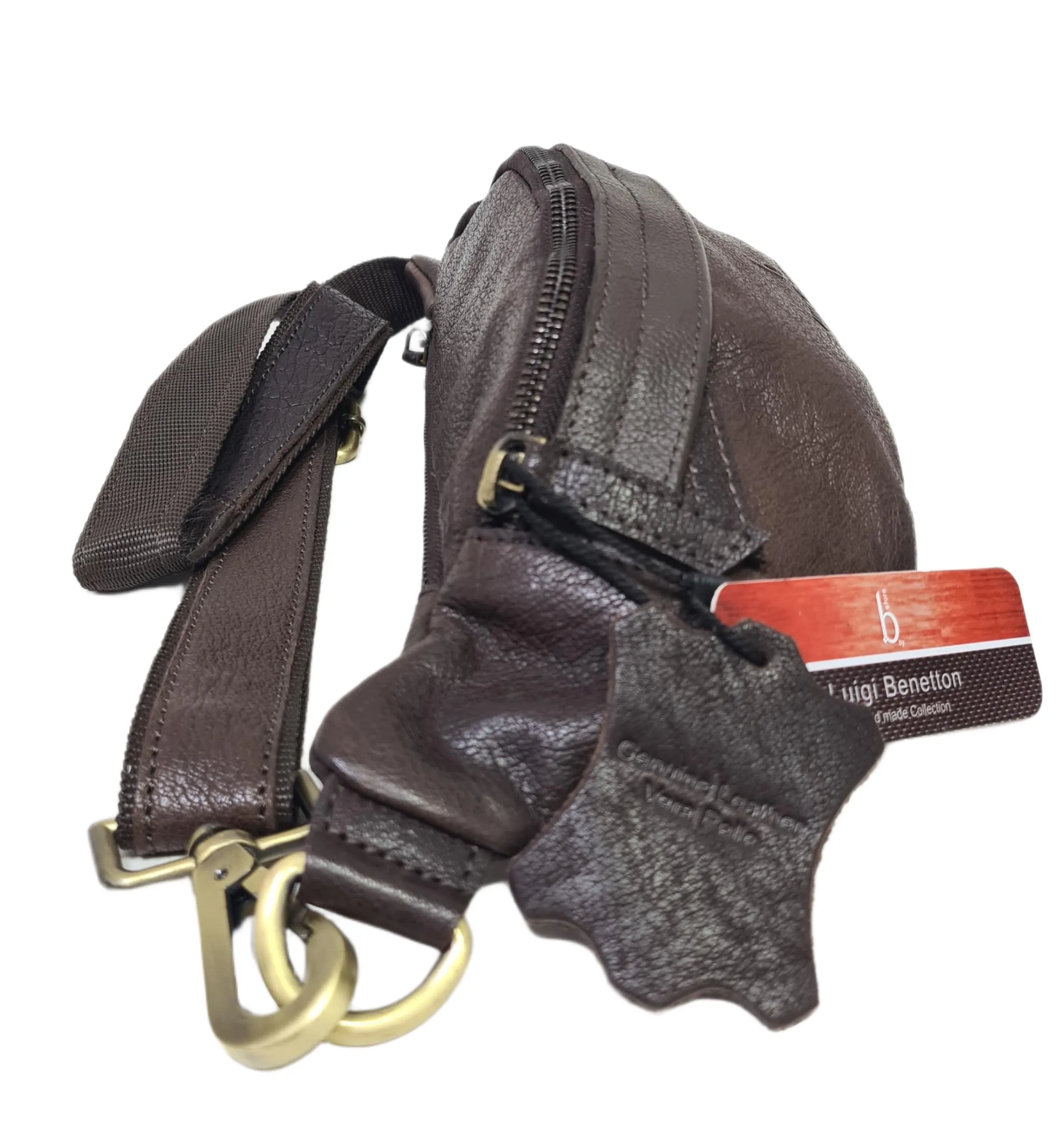 Luigi Benetton Marsupio Uomo 100% Pelle Bovina, con Tasche Frontale e Posteriore con Zip, Cintura Regolabile, Dimensioni 30x10x8,5 cm, Marrone Testa di Moro - immagine 9