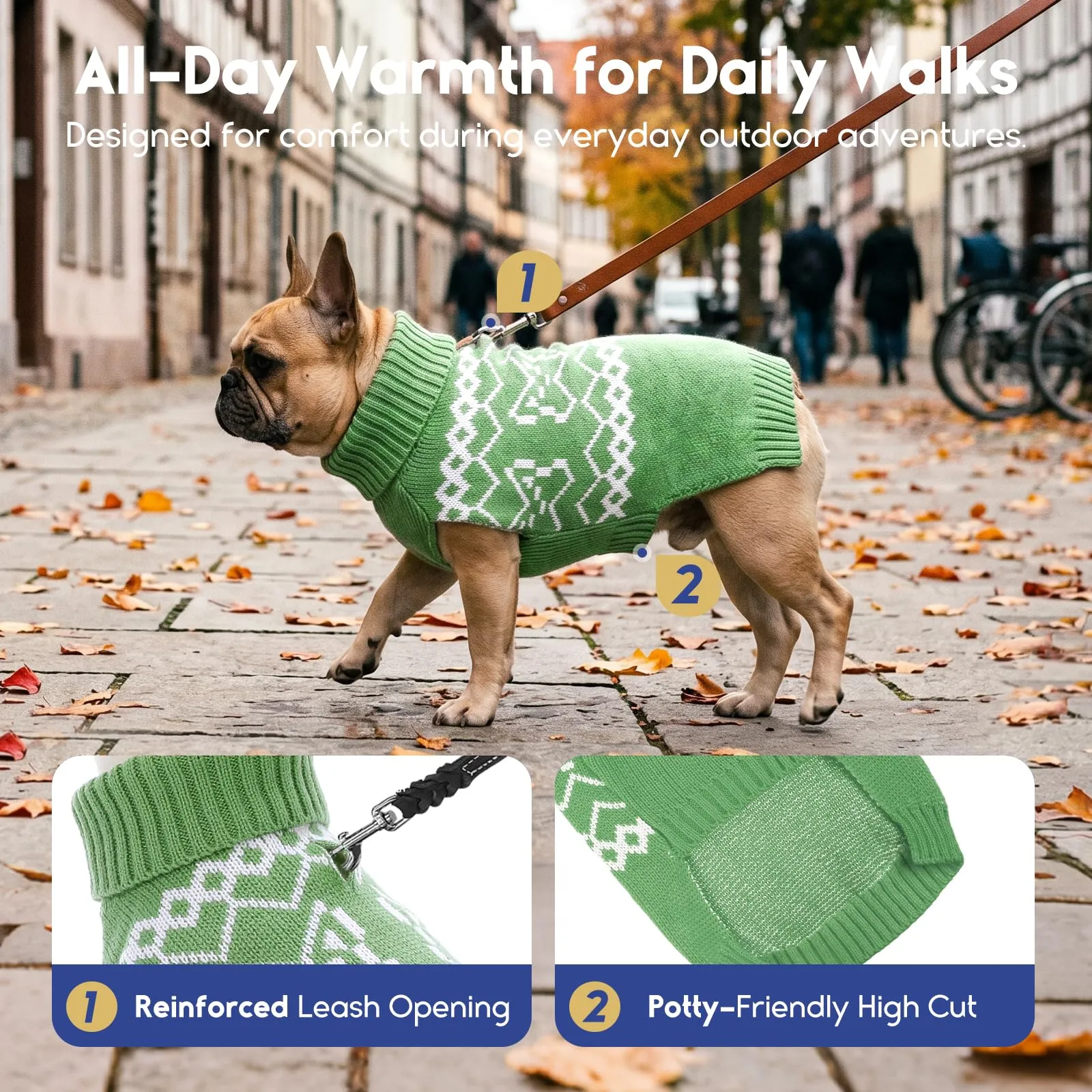 ASENKU Maglioncino Cane Taglia Piccola XS, Maglione Invernale per Cani Collo Alto Piegabile, Motivo Bouledogue Francese, per Chihuahua Yorkshire, Foro per Guinzaglio per Passeggiate Casa Esterno - immagine 4