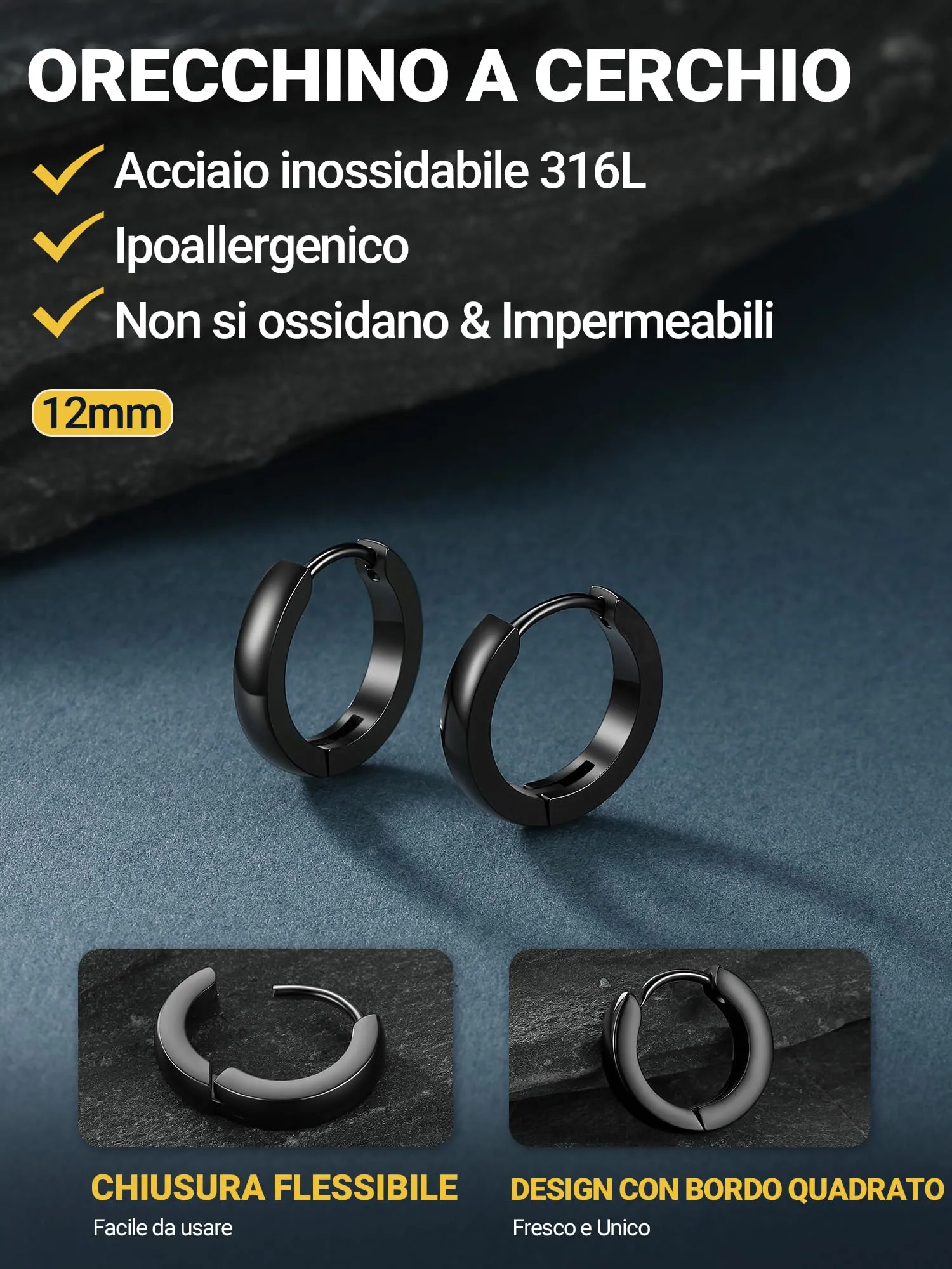 PROSTEEL Orecchini Uomo Donna 12mm Cerchio Piccoli Huggie Acciaio Impermeabile - immagine 5