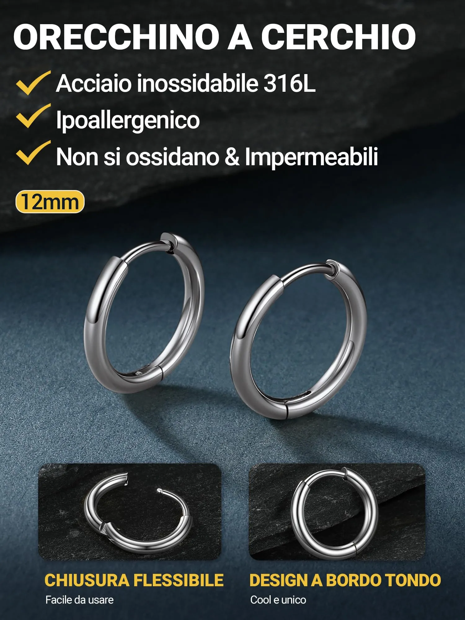 PROSTEEL Orecchini Uomo Donna 12mm Cerchio Piccoli Huggie Acciaio Impermeabile - immagine 3