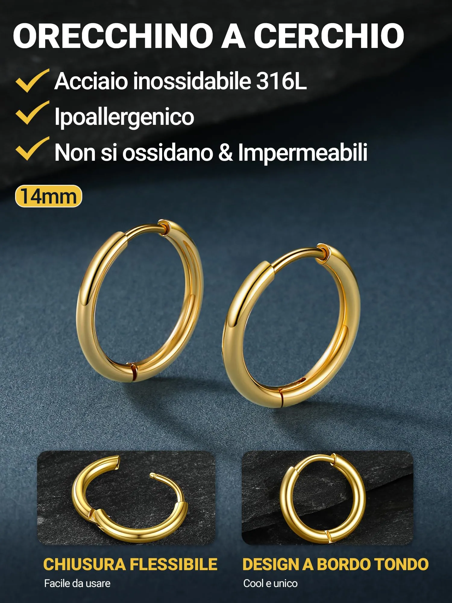 PROSTEEL Orecchini Uomo Donna 14mm Cerchio Piccoli Huggie Acciaio Impermeabile - immagine 3