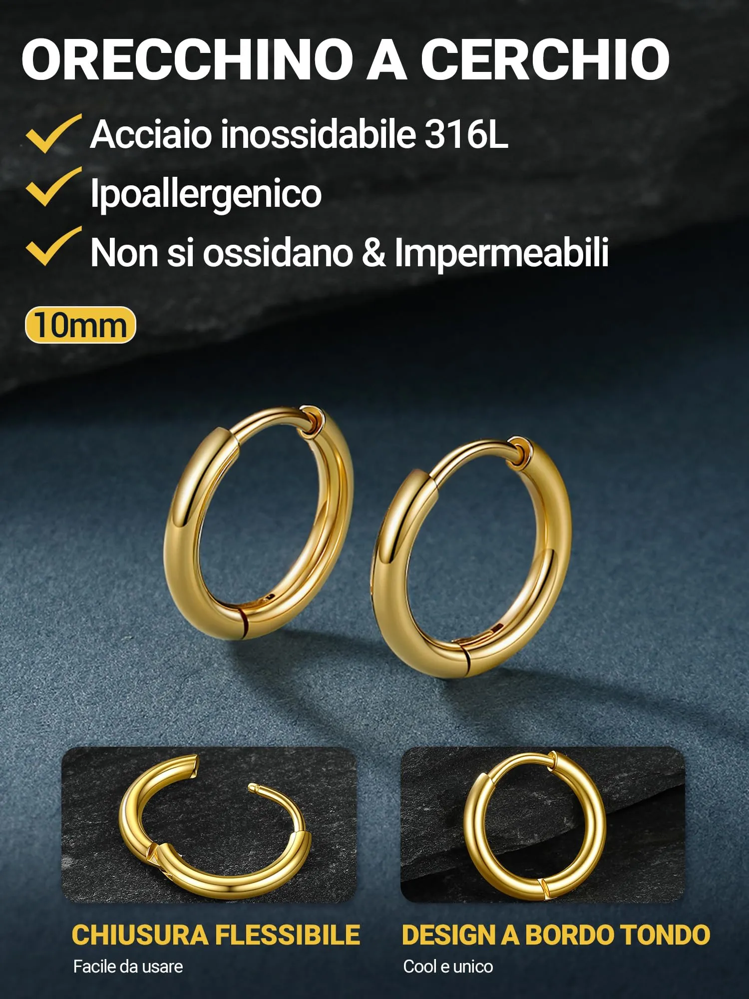 PROSTEEL Orecchini Uomo Donna 10mm Cerchio Piccoli Huggie Acciaio Impermeabile - immagine 6