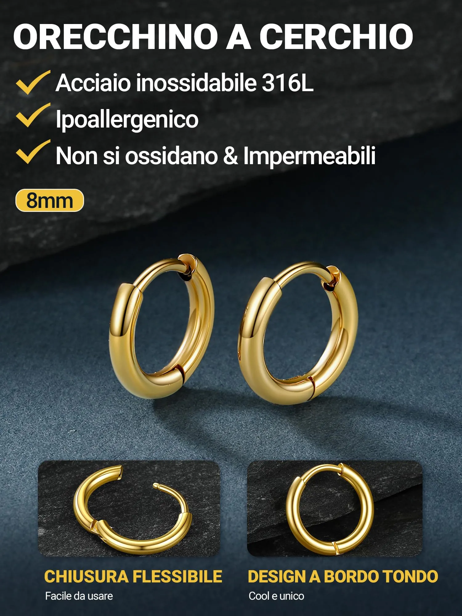PROSTEEL Orecchini Uomo Donna 8mm Cerchio Piccoli Huggie Acciaio Impermeabile - immagine 4