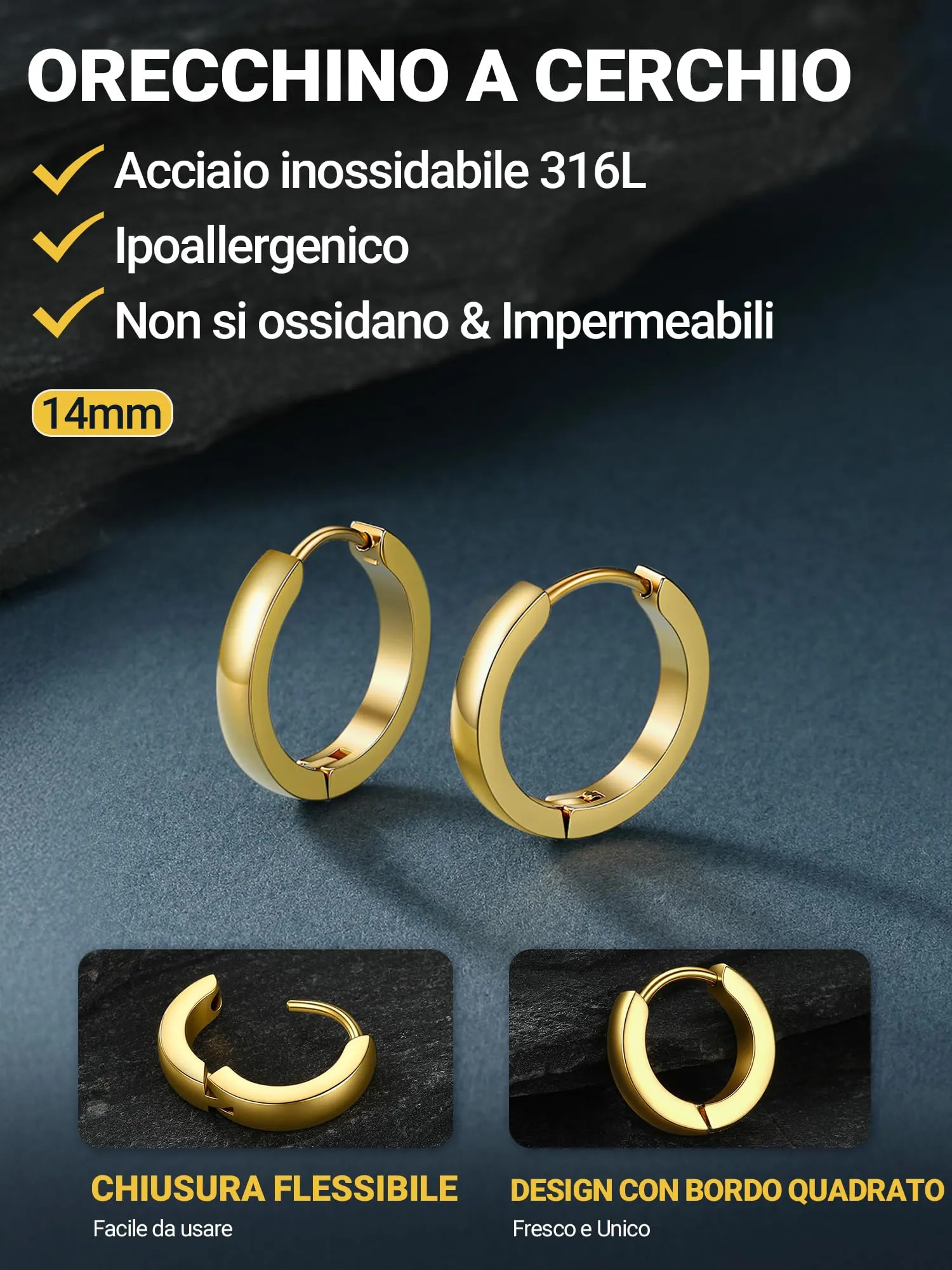 PROSTEEL Orecchini Uomo Donna 14mm Cerchio Piccoli Huggie Acciaio Impermeabile - immagine 3