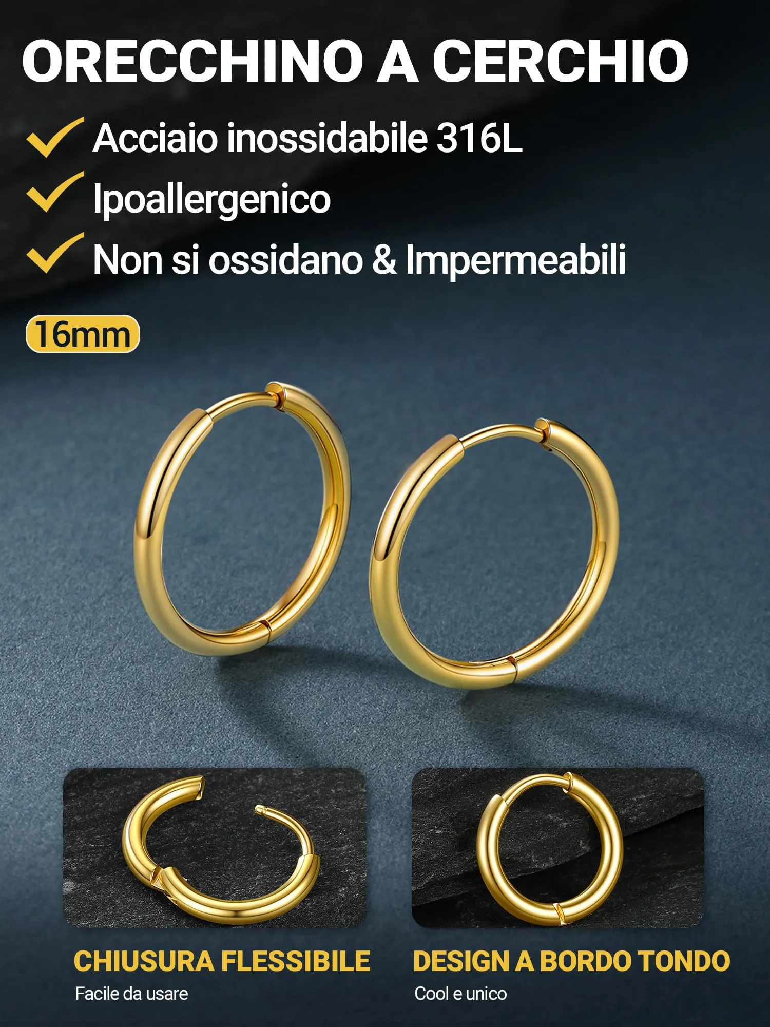 PROSTEEL Orecchini Uomo Donna 16mm Cerchio Piccoli Huggie Acciaio Impermeabile - immagine 5