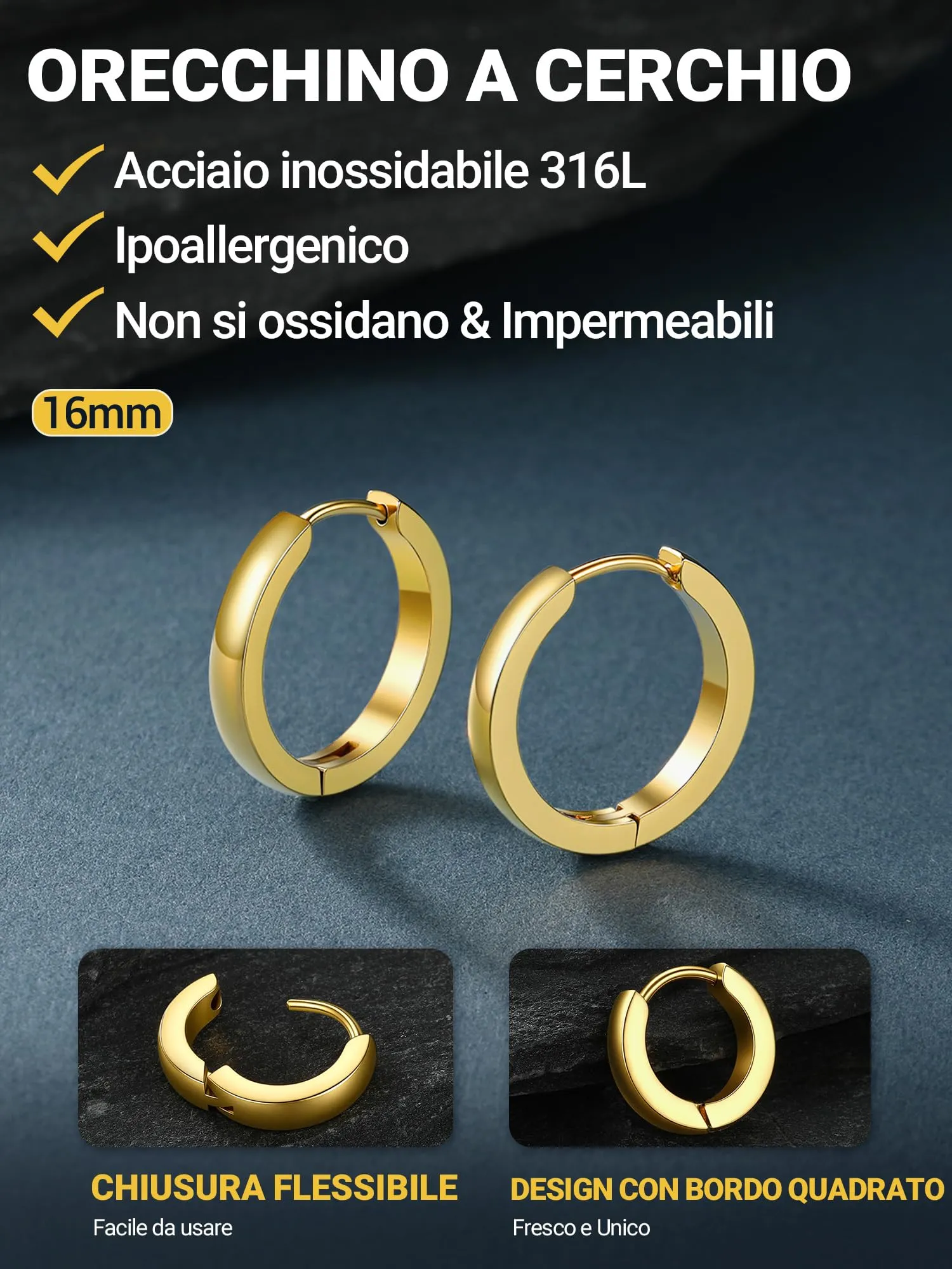 PROSTEEL Orecchini Uomo Donna 16mm Cerchio Piccoli Huggie Acciaio Impermeabile - immagine 4