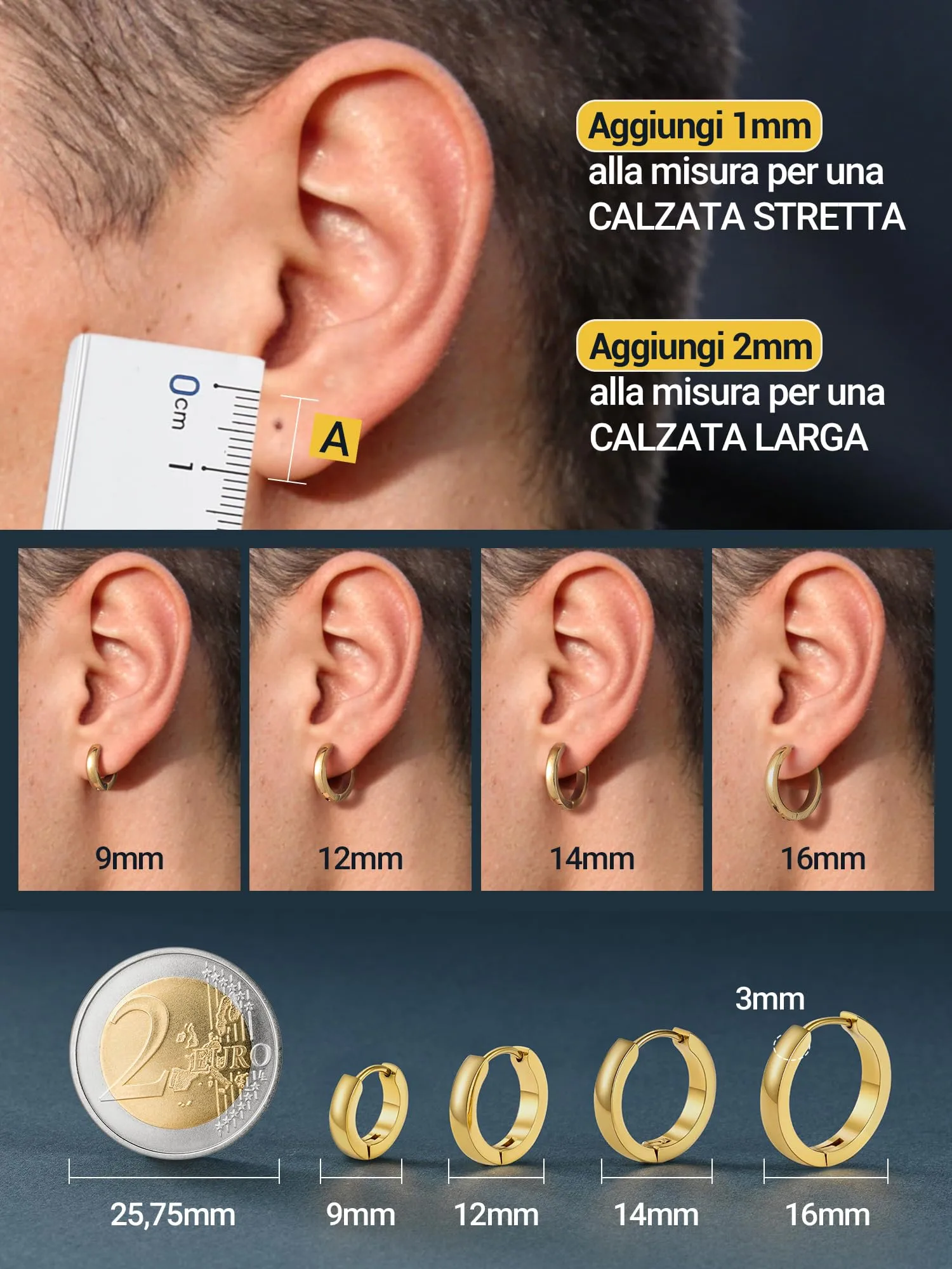 PROSTEEL Orecchini Uomo Donna 16mm Cerchio Piccoli Huggie Acciaio Impermeabile - immagine 5
