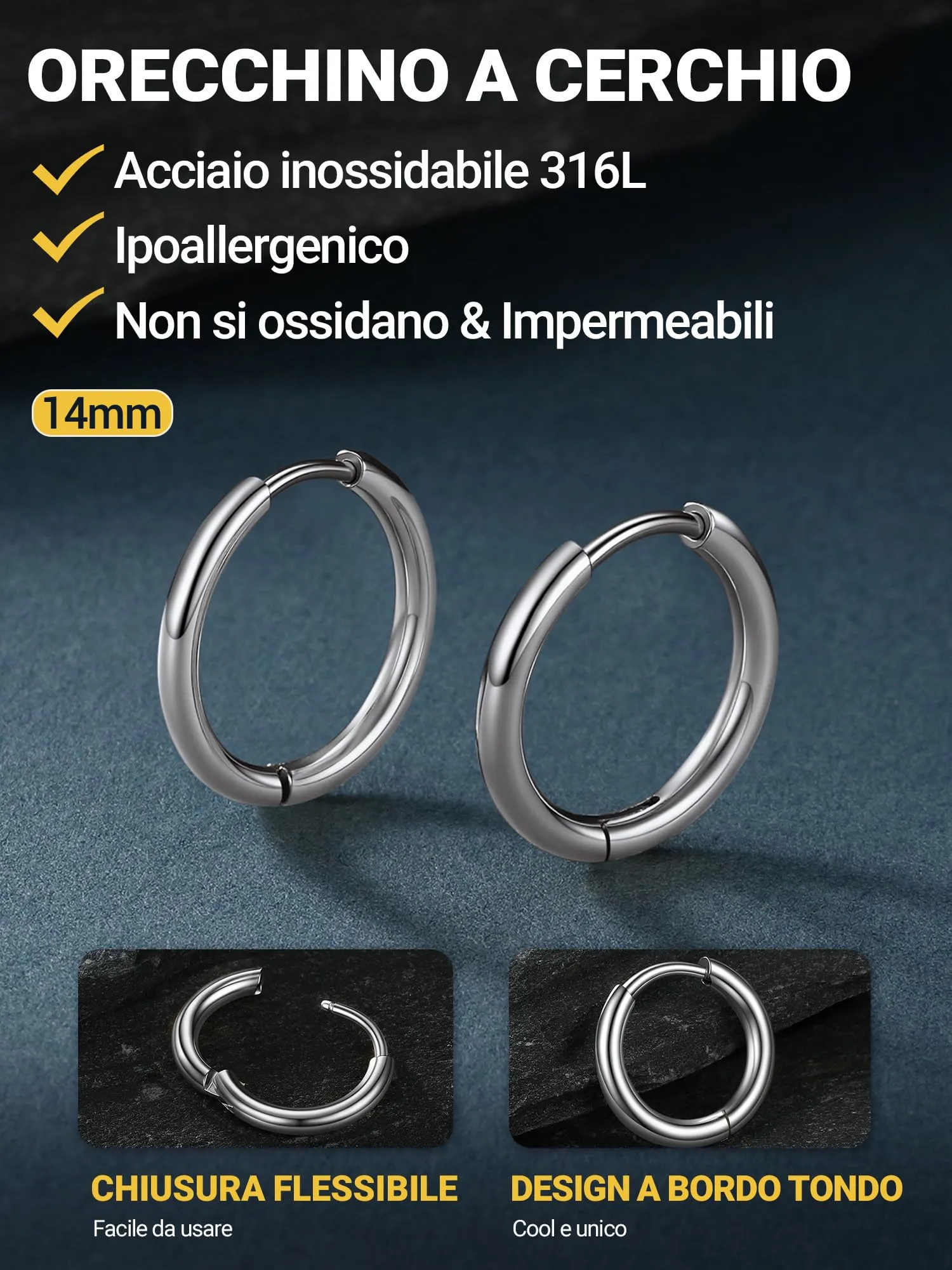 PROSTEEL Orecchini Uomo Donna 14mm Cerchio Piccoli Huggie Acciaio Impermeabile - immagine 5
