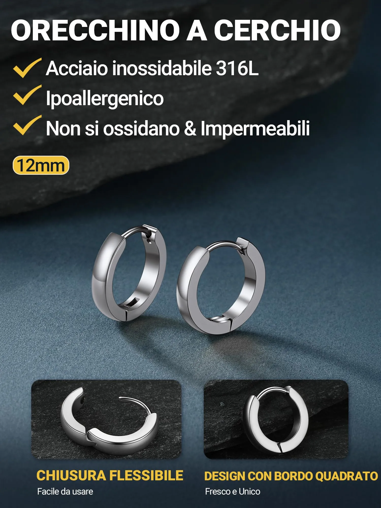 PROSTEEL Orecchini Uomo Donna 12mm Cerchio Piccoli Huggie Acciaio Impermeabile - immagine 5