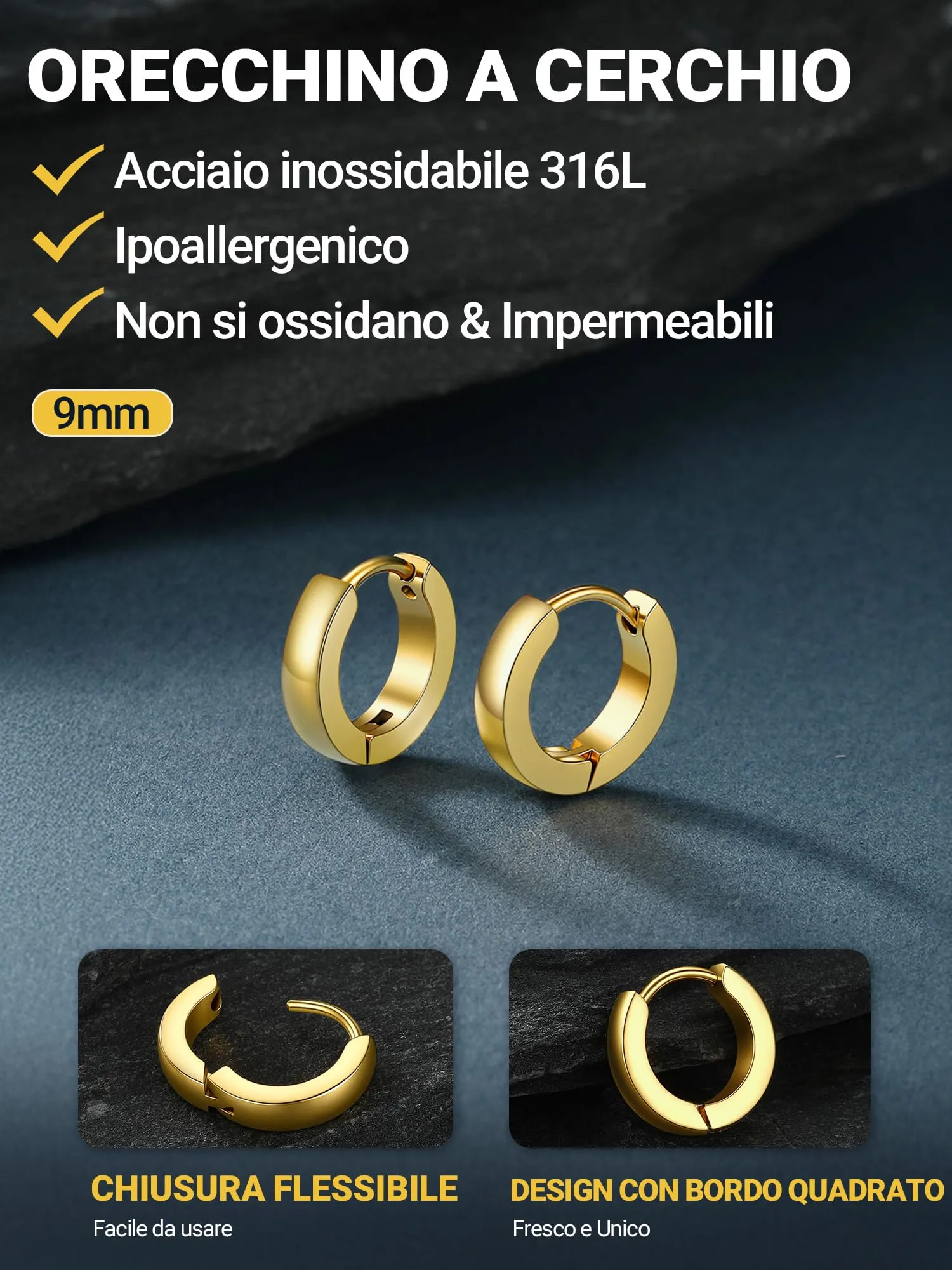 PROSTEEL Orecchini Uomo Donna 9mm Cerchio Piccoli Huggie Acciaio Impermeabile - immagine 3