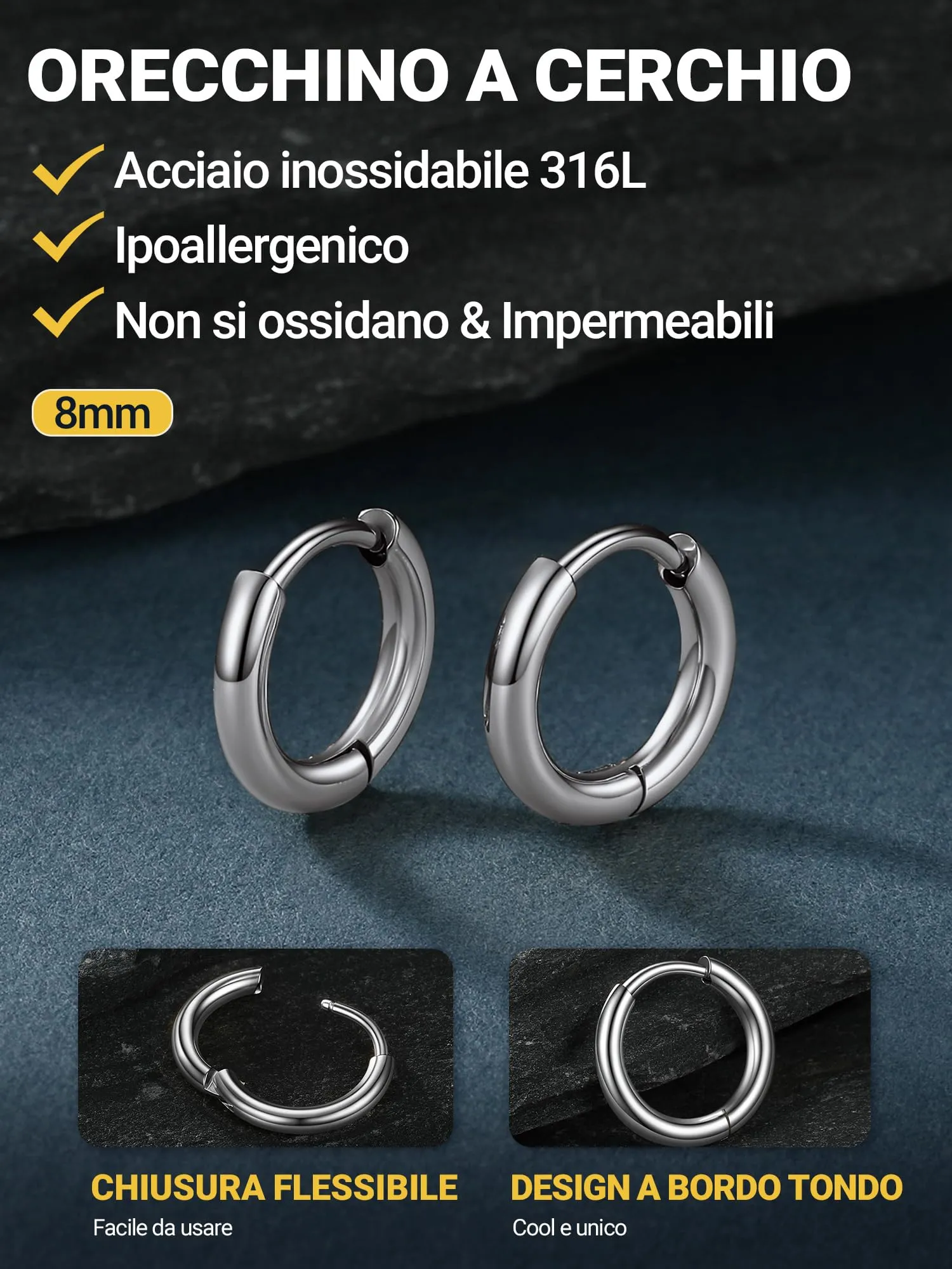 PROSTEEL Orecchini Uomo Donna 8mm Cerchio Piccoli Huggie Acciaio Impermeabile - immagine 6
