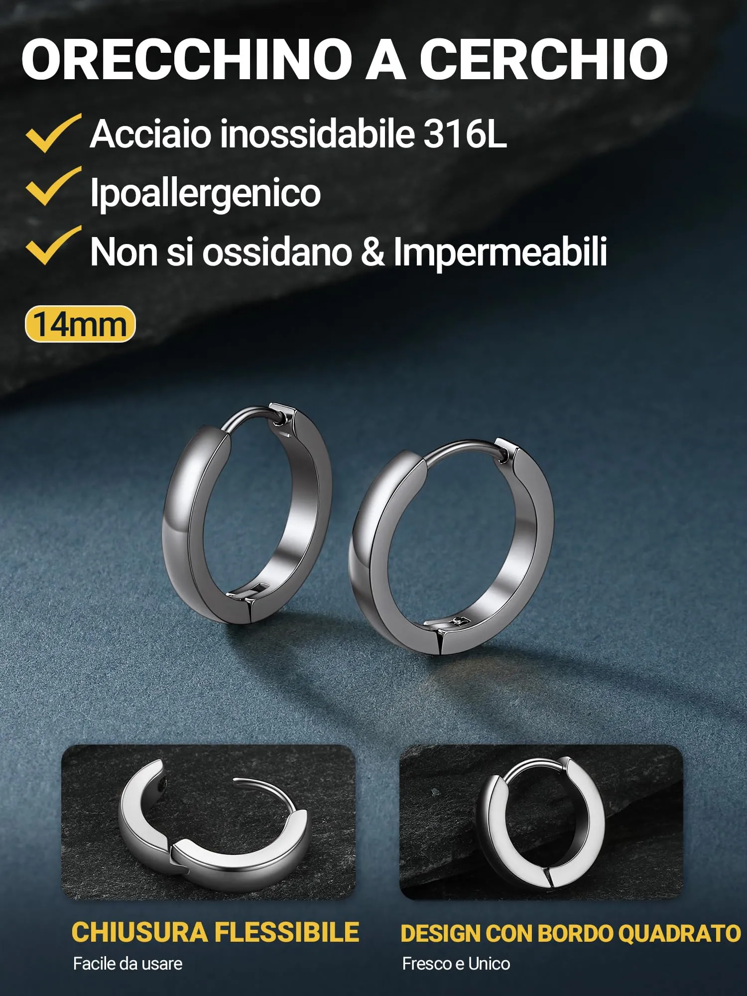 PROSTEEL Orecchini Uomo Donna 14mm Cerchio Piccoli Huggie Acciaio Impermeabile - immagine 5