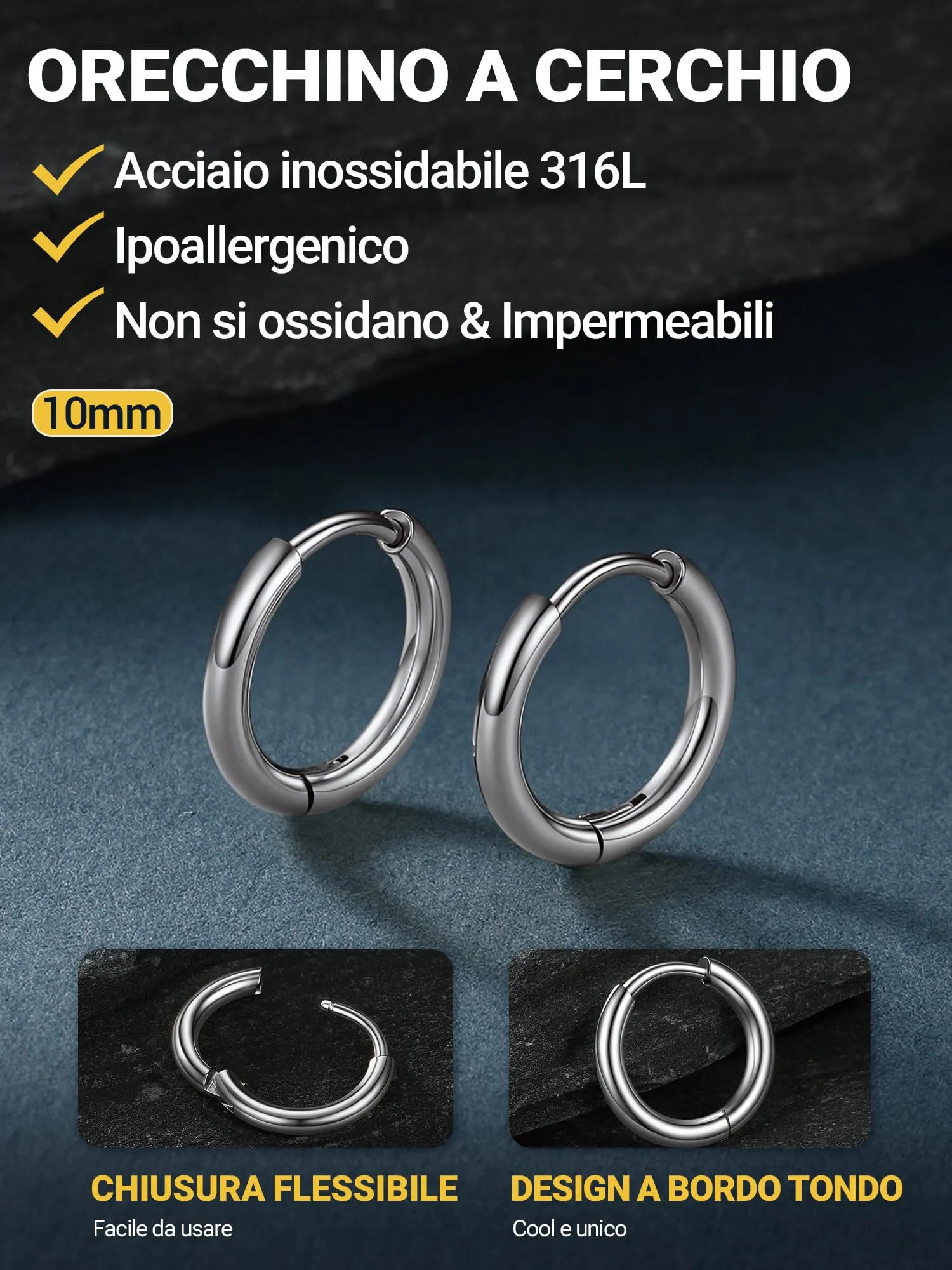 PROSTEEL Orecchini Uomo Donna 10mm Cerchio Piccoli Huggie Acciaio Impermeabile - immagine 5
