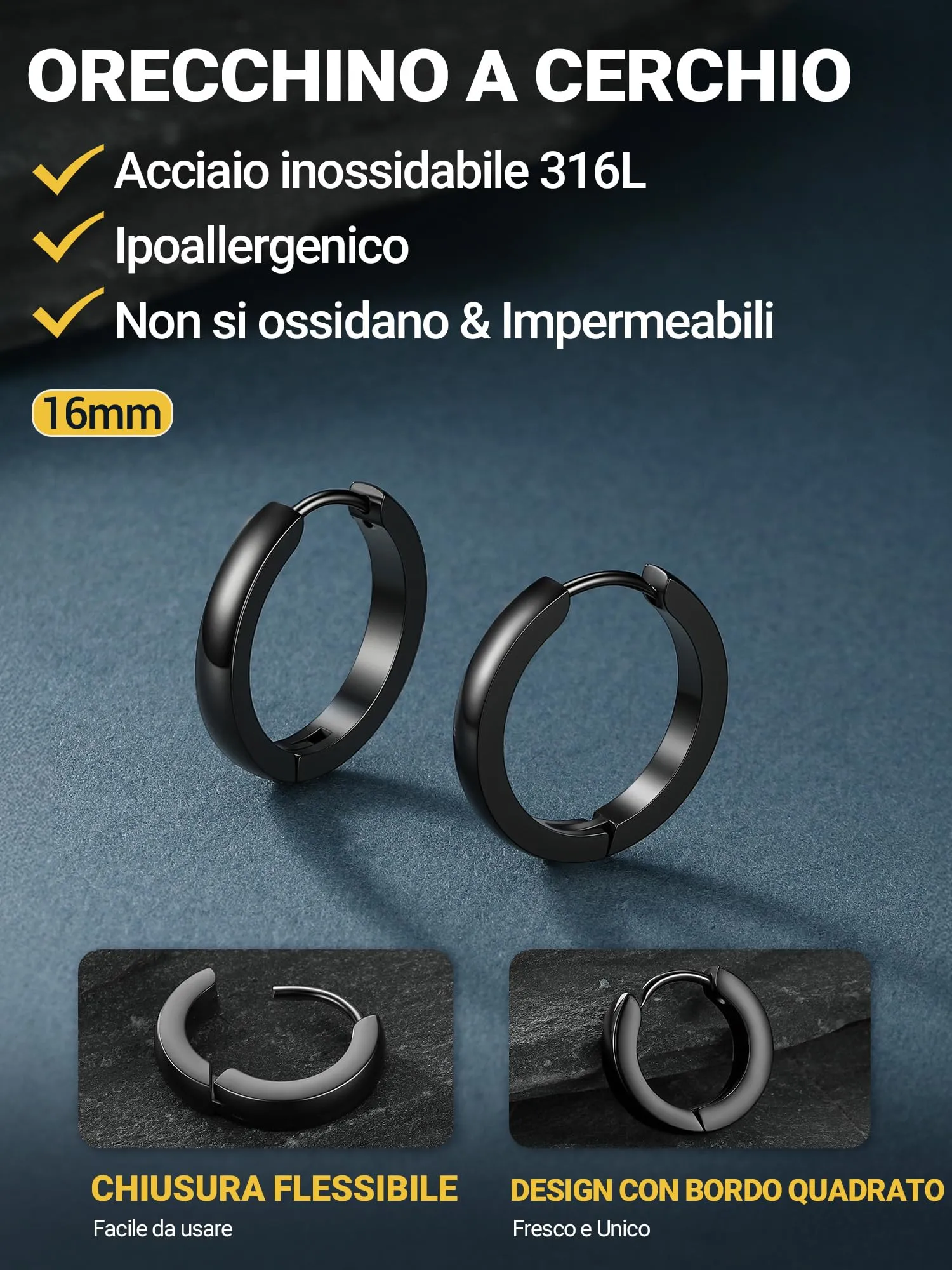 PROSTEEL Orecchini Uomo Donna 16mm Cerchio Piccoli Huggie Acciaio Impermeabile - immagine 3