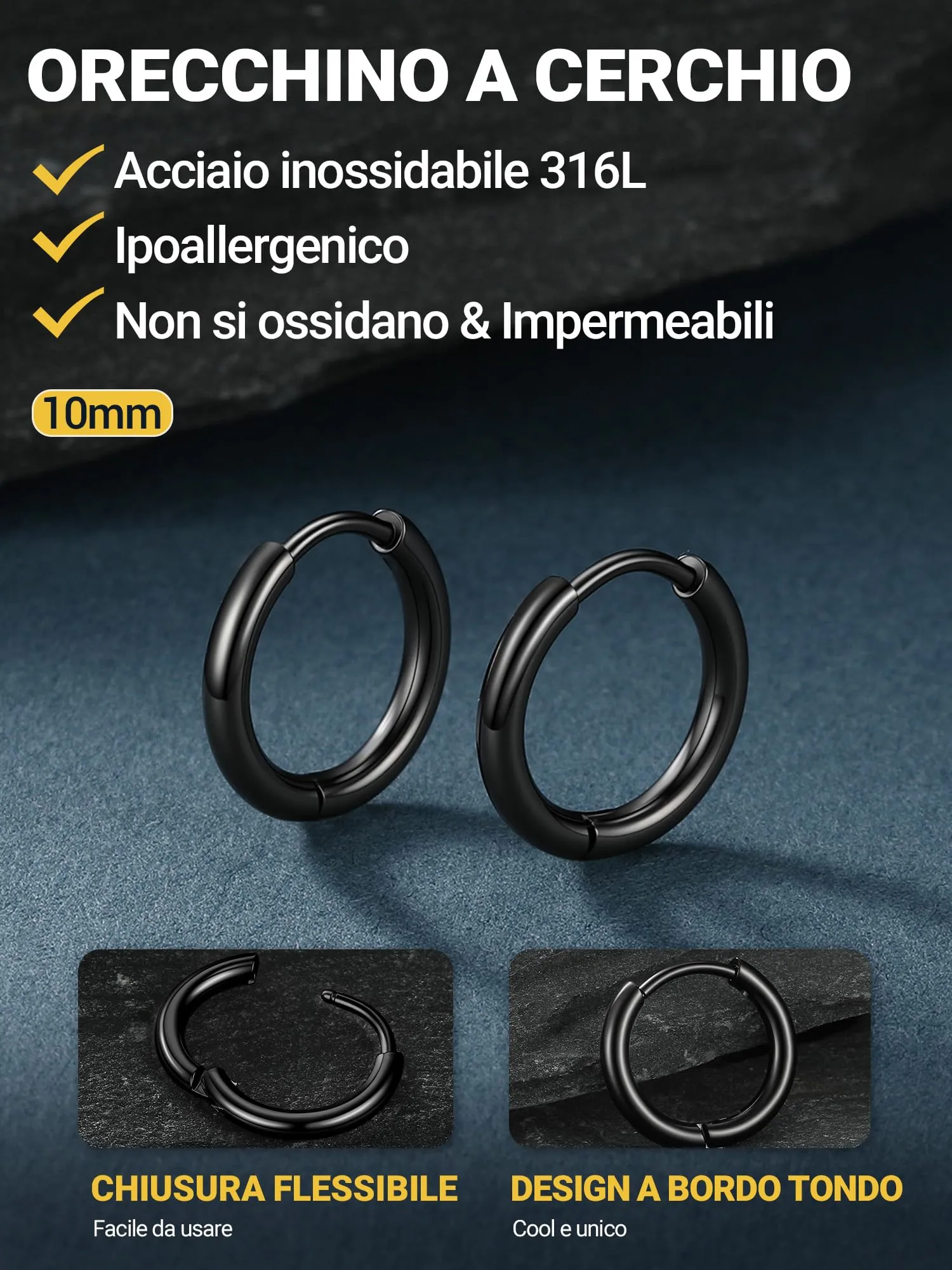 PROSTEEL Orecchini Uomo Donna 10mm Cerchio Piccoli Huggie Acciaio Impermeabile - immagine 3