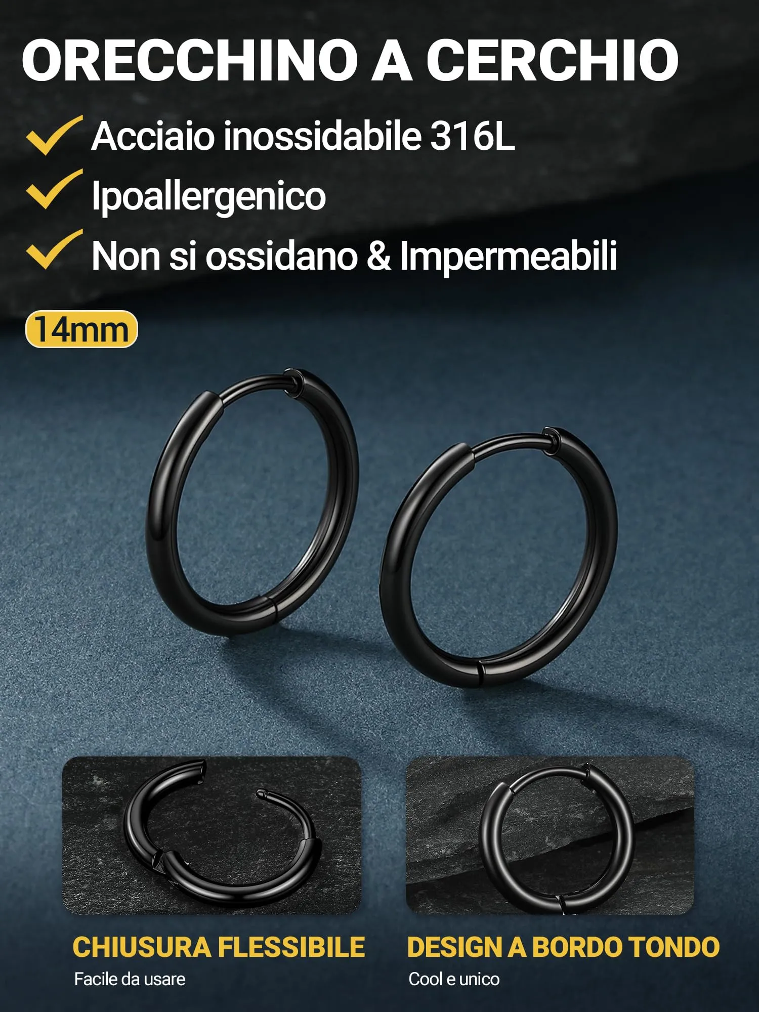 PROSTEEL Orecchini Uomo Donna 14mm Cerchio Piccoli Huggie Acciaio Impermeabile - immagine 3