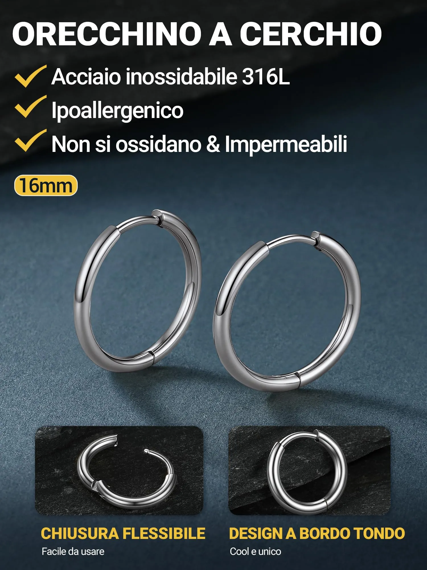 PROSTEEL Orecchini Uomo Donna 16mm Cerchio Piccoli Huggie Acciaio Impermeabile - immagine 5