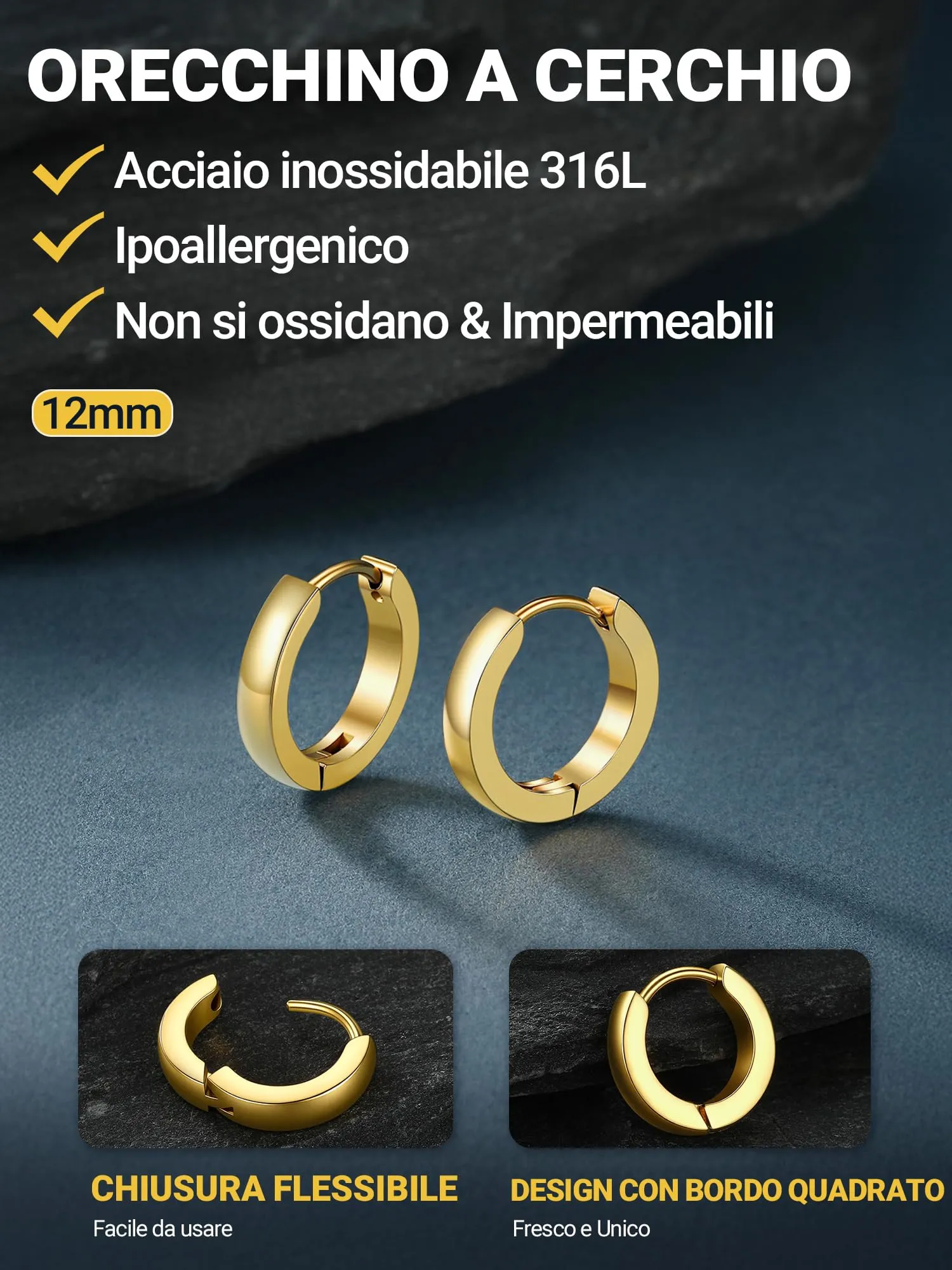 PROSTEEL Orecchini Uomo Donna 12mm Cerchio Piccoli Huggie Acciaio Impermeabile - immagine 6