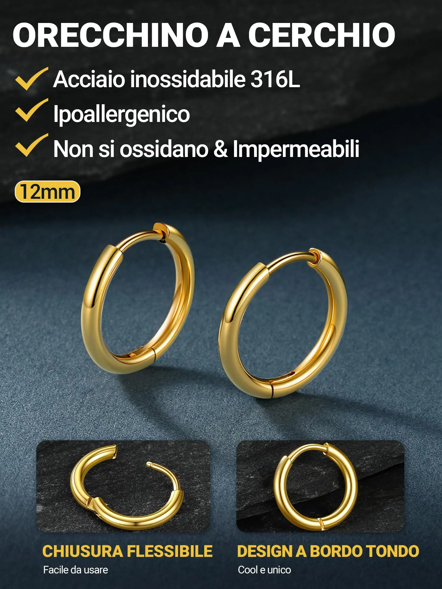 PROSTEEL Orecchini Uomo Donna 12mm Cerchio Piccoli Huggie Acciaio Impermeabile - immagine 5