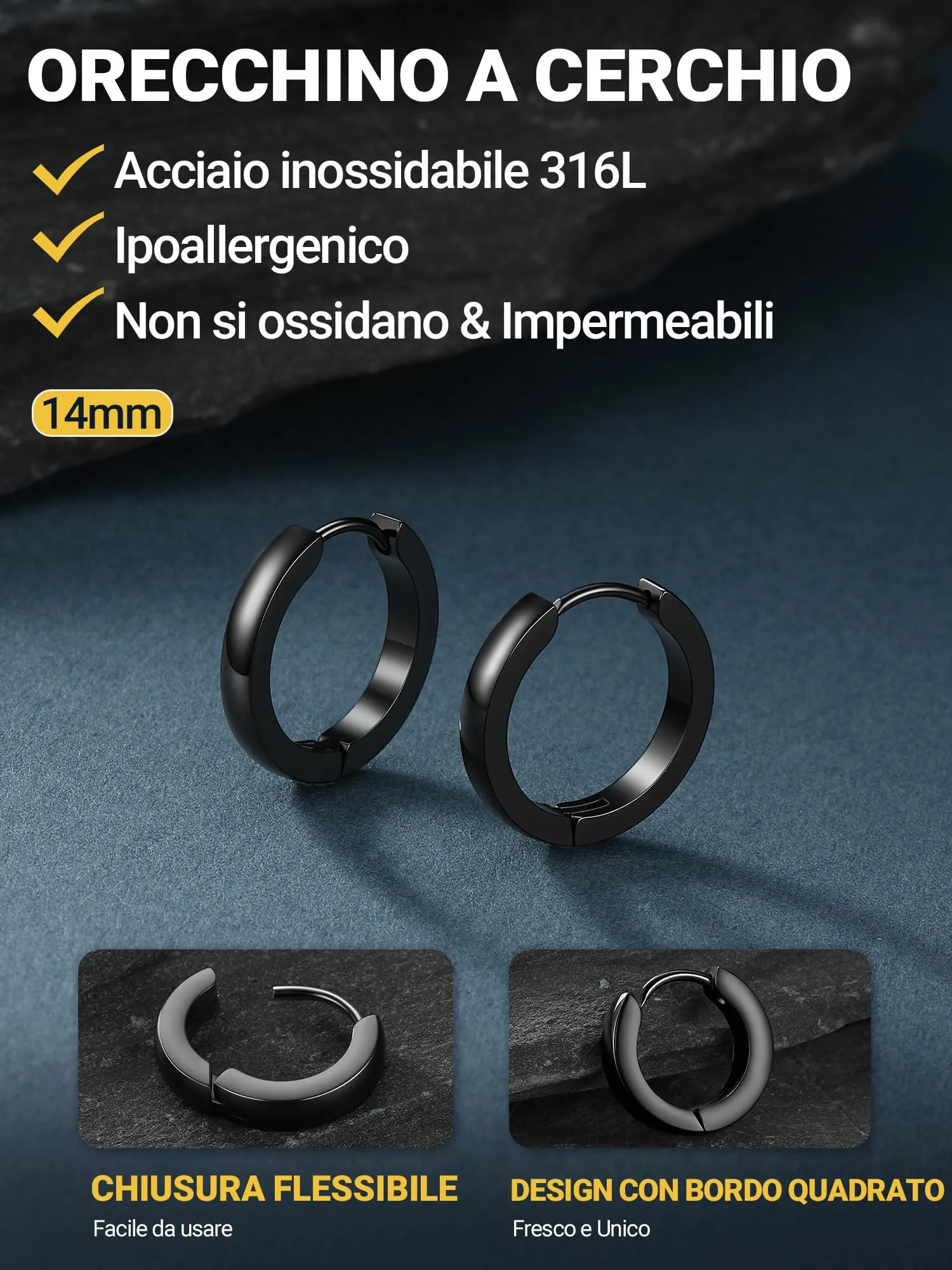 PROSTEEL Orecchini Uomo Donna 14mm Cerchio Piccoli Huggie Acciaio Impermeabile - immagine 3