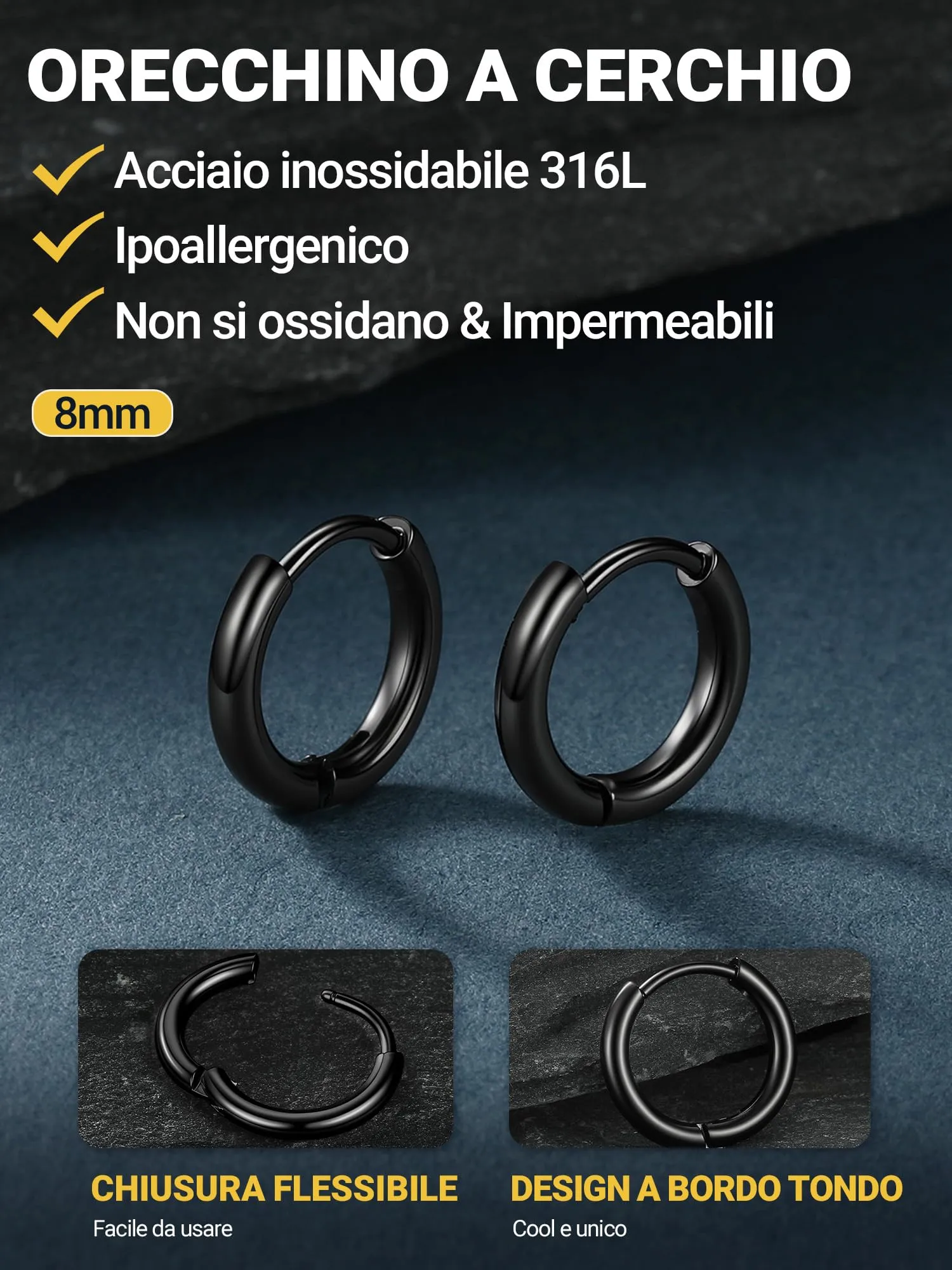 PROSTEEL Orecchini Uomo Donna 8mm Cerchio Piccoli Huggie Acciaio Impermeabile - immagine 3
