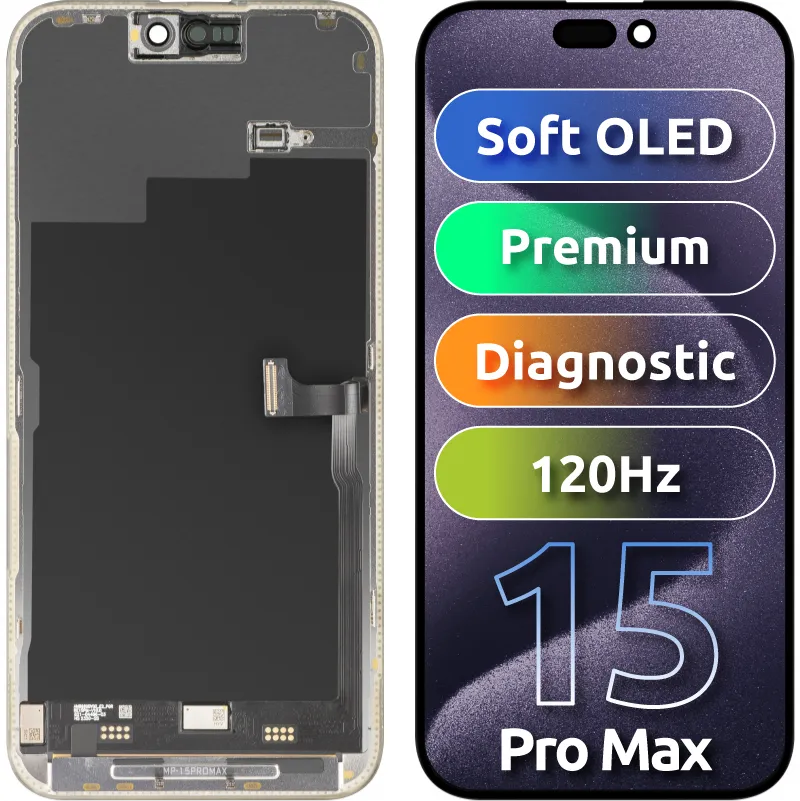 Display con Touchscreen MP compatibile con Apple iPhone 15 Pro Max, con Cornice, Versione Premium Soft OLED FHD 120Hz Diagnostico, Nero - immagine 1