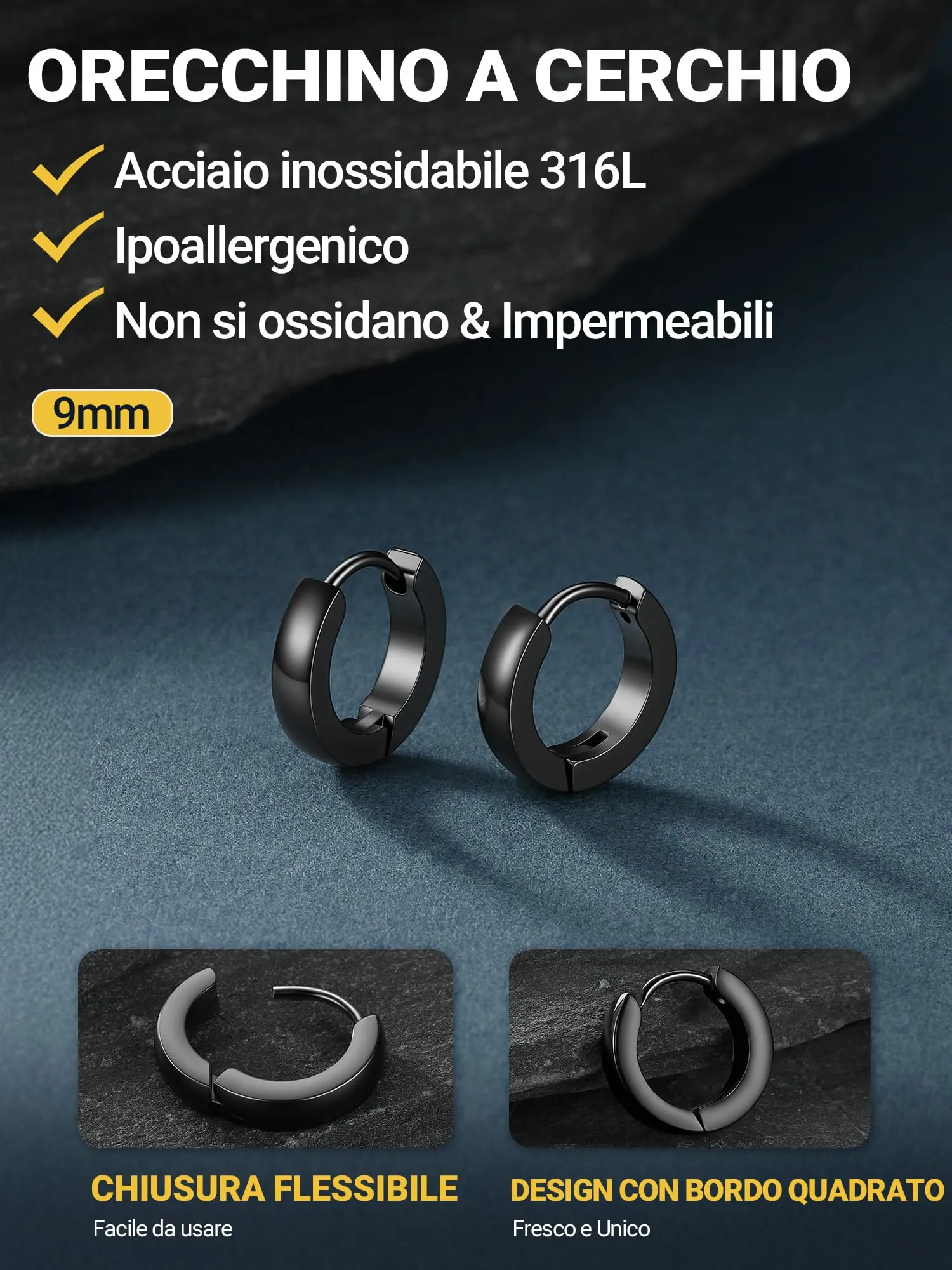 PROSTEEL Orecchini Uomo Donna 9mm Cerchio Piccoli Huggie Acciaio Impermeabile - immagine 3