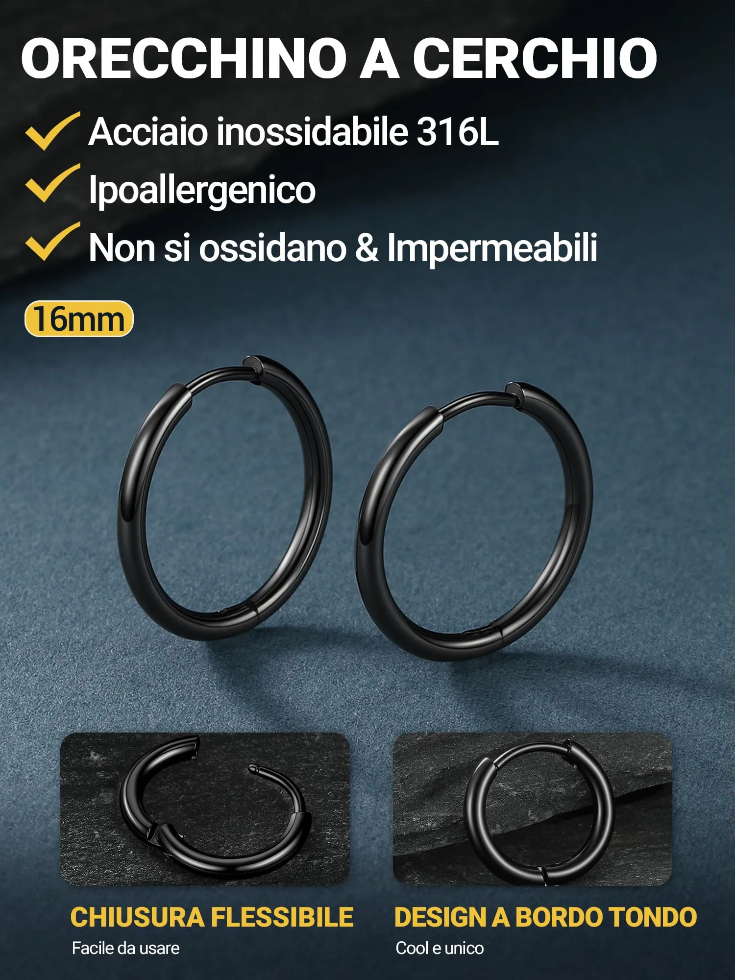 PROSTEEL Orecchini Uomo Donna 16mm Cerchio Piccoli Huggie Acciaio Impermeabile - immagine 3