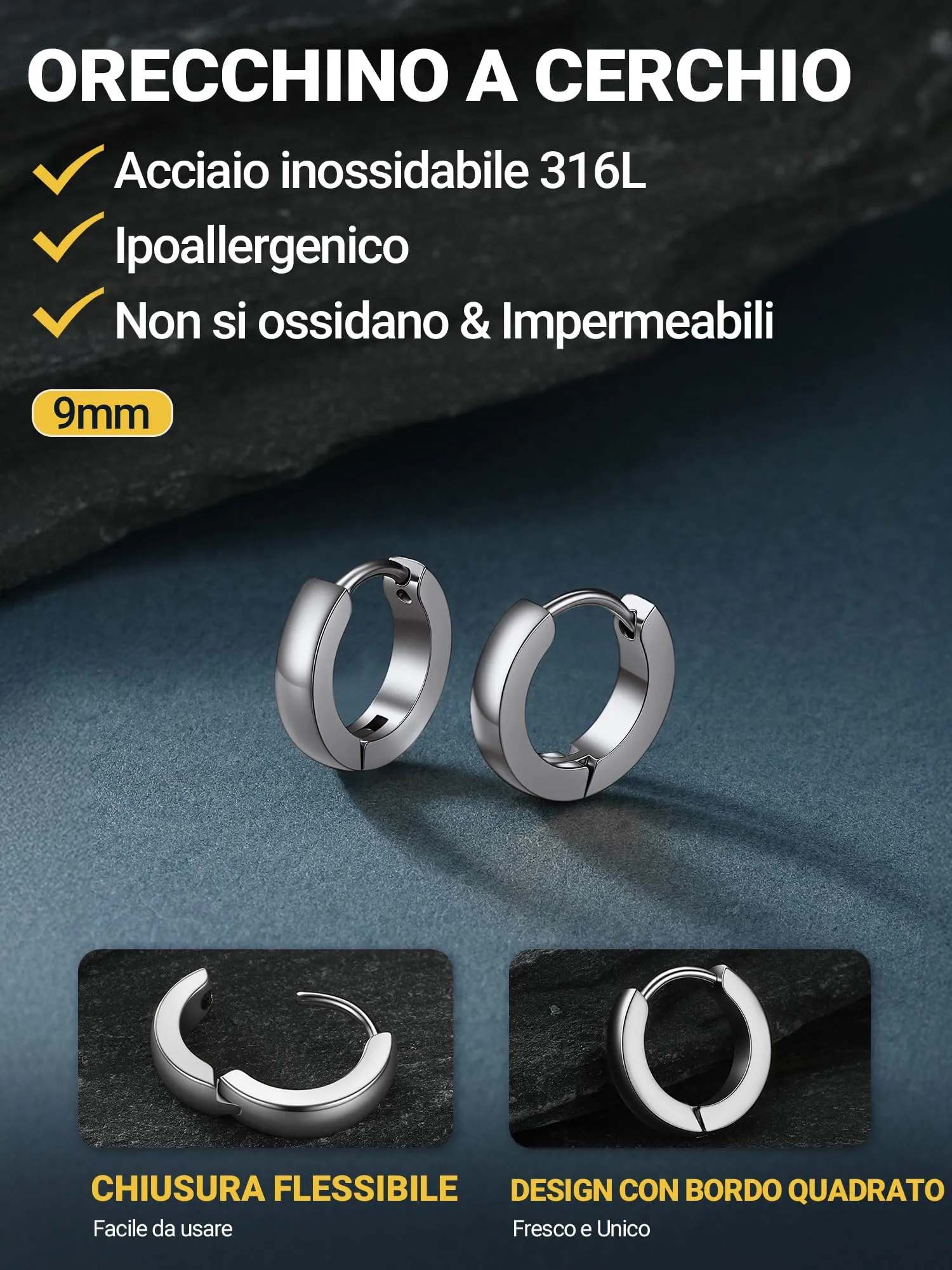 PROSTEEL Orecchini Uomo Donna 9mm Cerchio Piccoli Huggie Acciaio Impermeabile - immagine 4