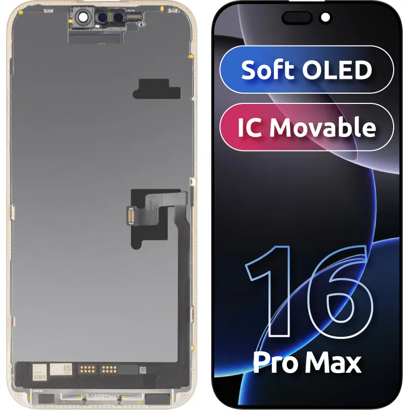Display con Touchscreen MP compatibile con Apple iPhone 16 Pro Max, con Cornice, Versione Soft OLED FHD IC Movable, Nero - immagine 1