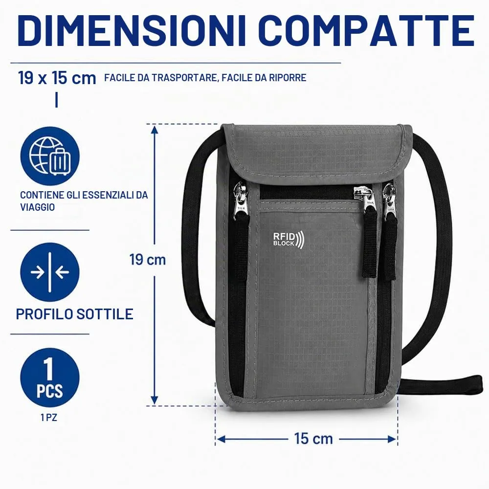 Portadocumenti da Collo Viaggio,Porta Passaporto da Collo Impermeabile con Protezione RFID,HMCEY Borsa Porta Telefono Regolabile,Borsa a Tracolla Sul Petto Uomo Donna per Denaro, Carte - Grigio Scuro - immagine 2