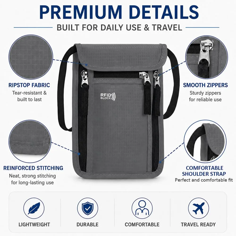 Portadocumenti da Collo Viaggio,Porta Passaporto da Collo Impermeabile con Protezione RFID,HMCEY Borsa Porta Telefono Regolabile,Borsa a Tracolla Sul Petto Uomo Donna per Denaro, Carte - Grigio Scuro - immagine 3