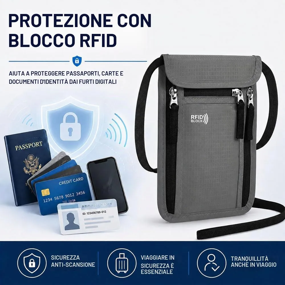 Portadocumenti da Collo Viaggio,Porta Passaporto da Collo Impermeabile con Protezione RFID,HMCEY Borsa Porta Telefono Regolabile,Borsa a Tracolla Sul Petto Uomo Donna per Denaro, Carte - Grigio Scuro - immagine 4