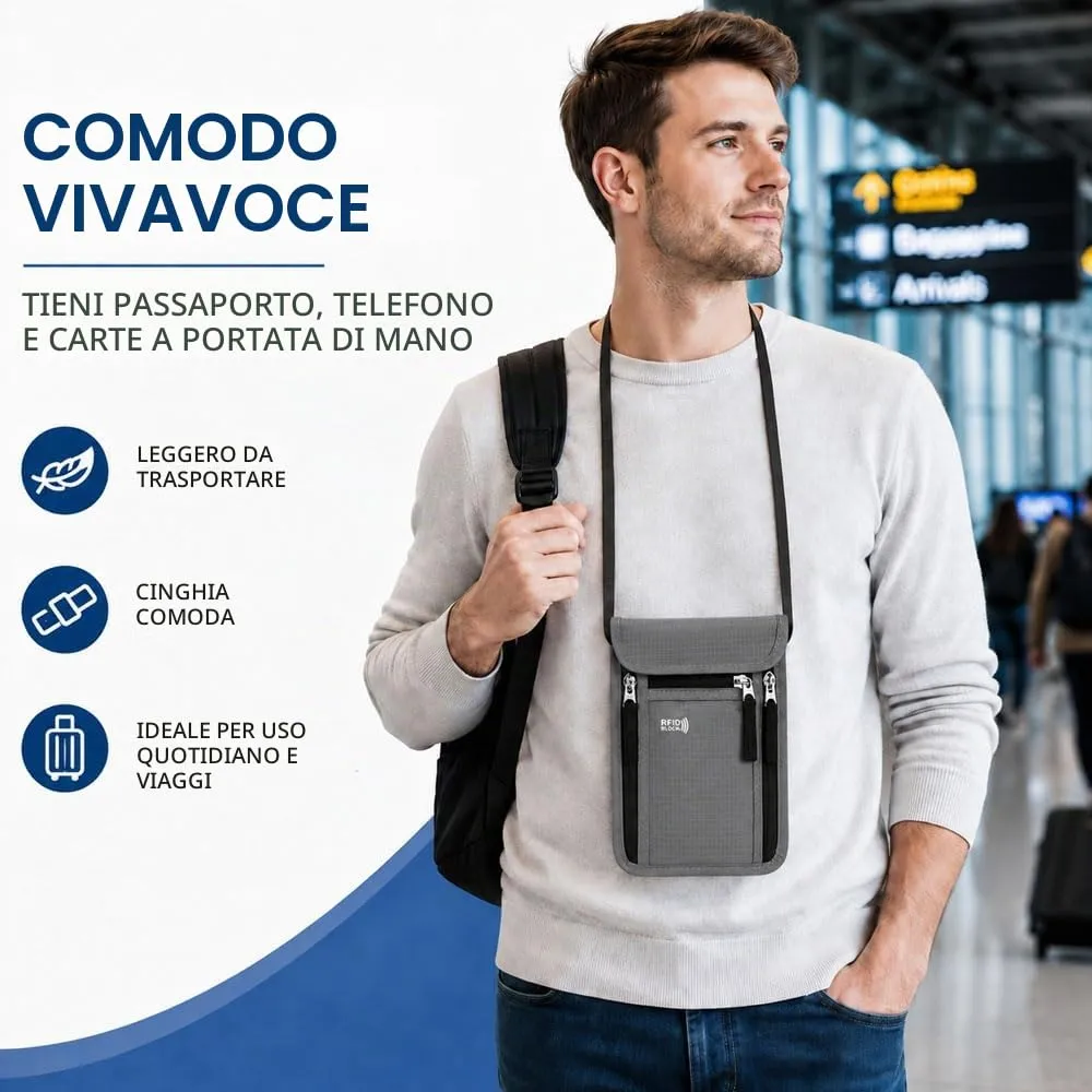 Portadocumenti da Collo Viaggio,Porta Passaporto da Collo Impermeabile con Protezione RFID,HMCEY Borsa Porta Telefono Regolabile,Borsa a Tracolla Sul Petto Uomo Donna per Denaro, Carte - Grigio Scuro - immagine 6