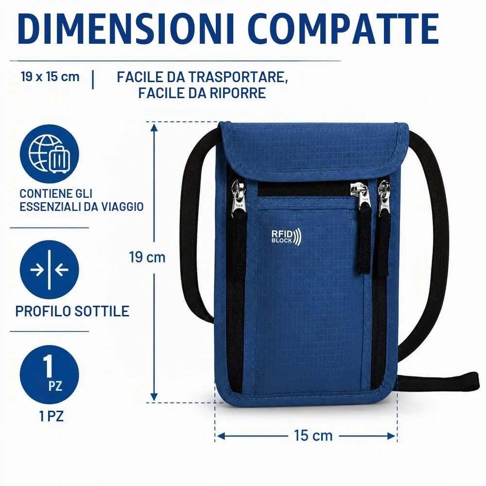 HMCEY Portadocumenti da Collo Viaggio,Porta Passaporto da Collo Impermeabile con Protezione RFID, Borsa Porta Telefono Regolabile,Borsa a Tracolla Sul Petto Uomo Donna per Denaro, Carte - Blu scuro - immagine 2