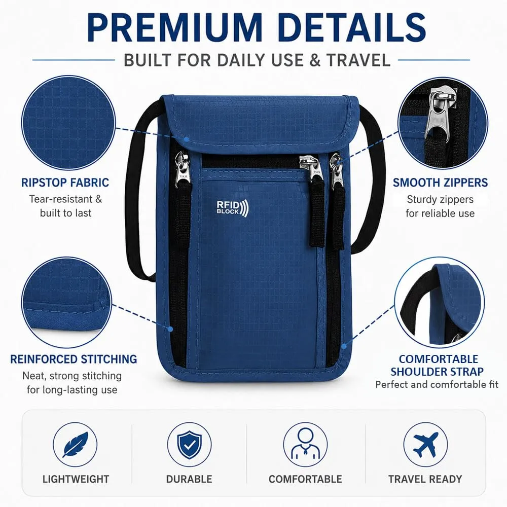 HMCEY Portadocumenti da Collo Viaggio,Porta Passaporto da Collo Impermeabile con Protezione RFID, Borsa Porta Telefono Regolabile,Borsa a Tracolla Sul Petto Uomo Donna per Denaro, Carte - Blu scuro - immagine 3