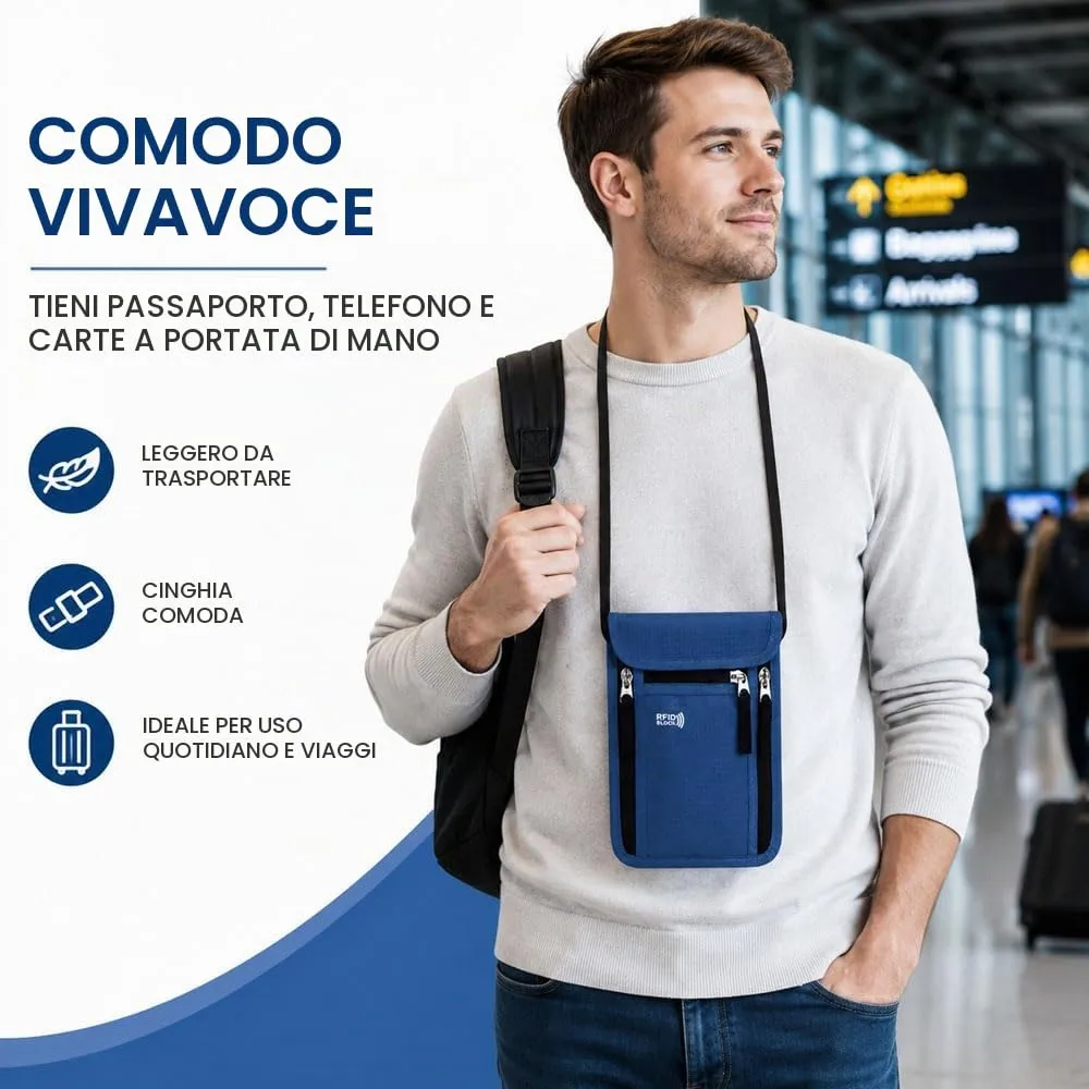 HMCEY Portadocumenti da Collo Viaggio,Porta Passaporto da Collo Impermeabile con Protezione RFID, Borsa Porta Telefono Regolabile,Borsa a Tracolla Sul Petto Uomo Donna per Denaro, Carte - Blu scuro - immagine 6