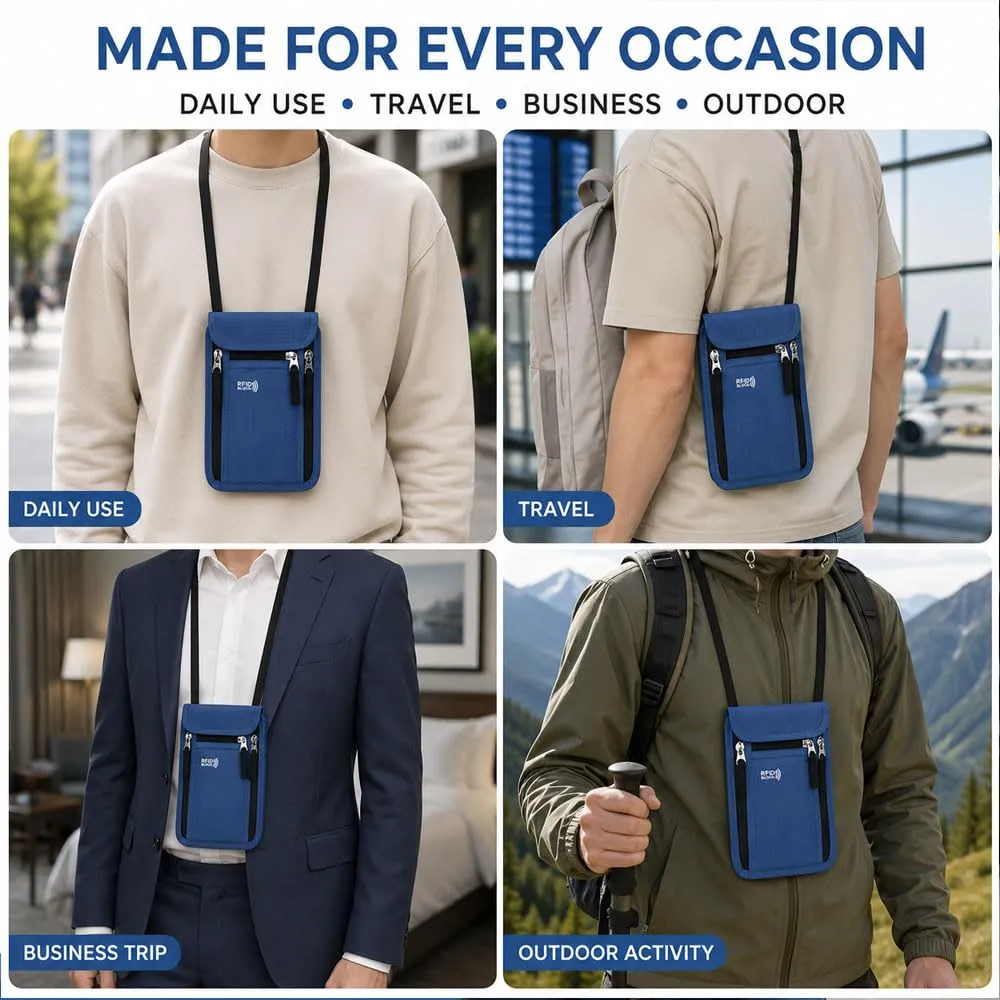 HMCEY Portadocumenti da Collo Viaggio,Porta Passaporto da Collo Impermeabile con Protezione RFID, Borsa Porta Telefono Regolabile,Borsa a Tracolla Sul Petto Uomo Donna per Denaro, Carte - Blu scuro - immagine 7