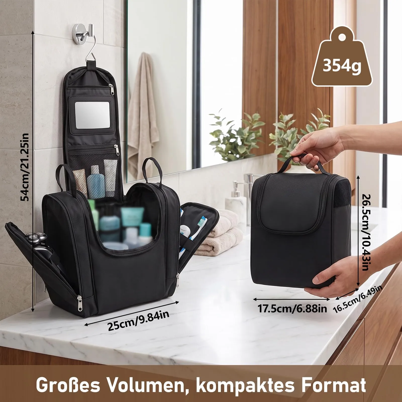 Borsa da toilette da appendere per uomo e donna, nero, Minimalista - immagine 3