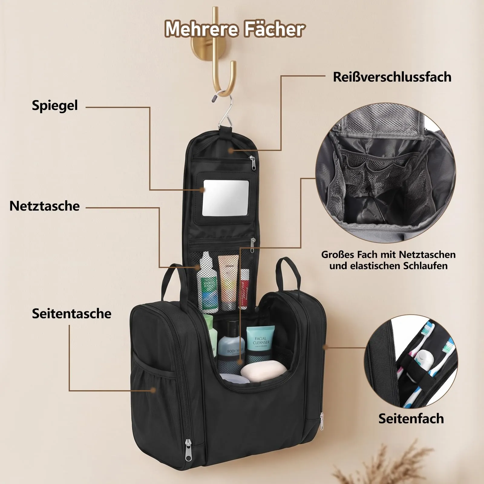 Borsa da toilette da appendere per uomo e donna, nero, Minimalista - immagine 4