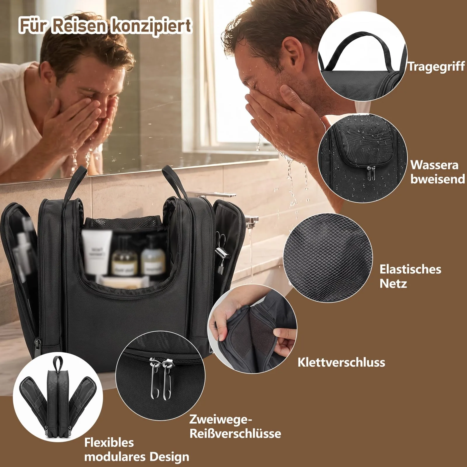 Borsa da toilette da appendere per uomo e donna, nero, Minimalista - immagine 6