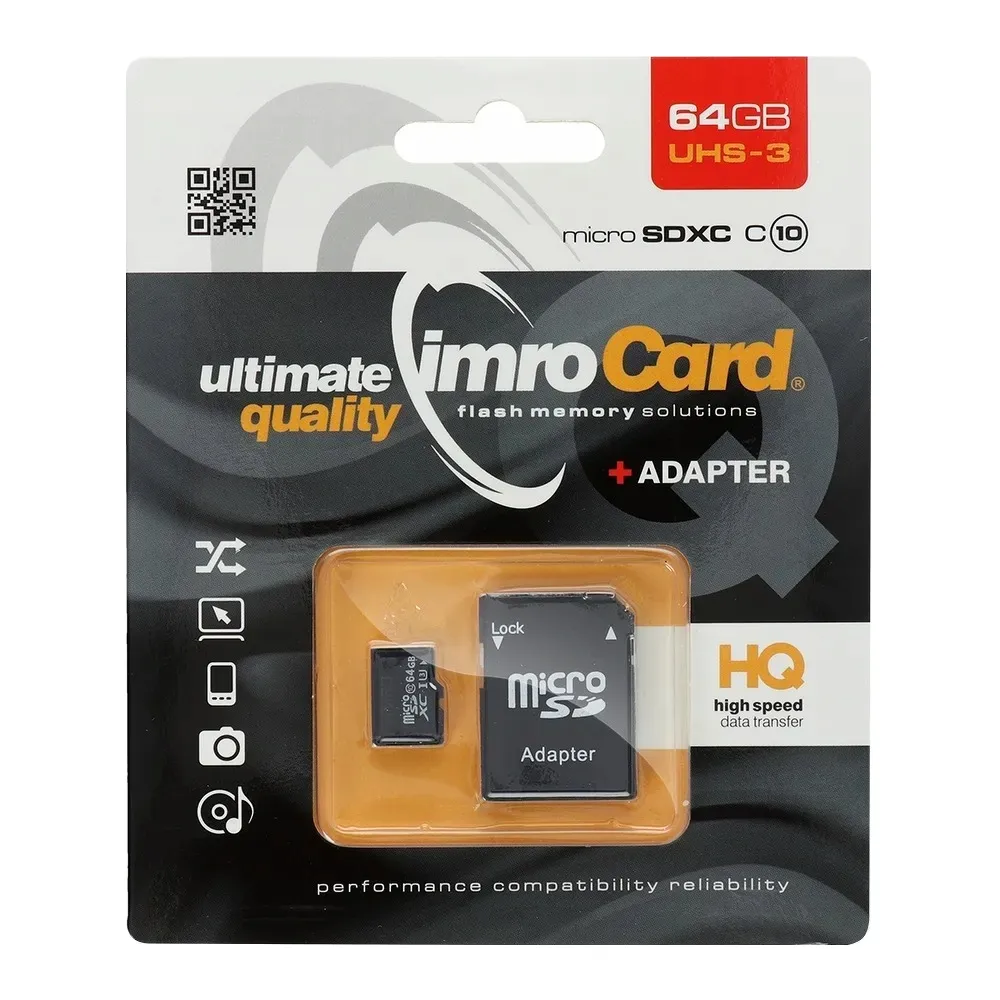 Scheda di memoria microSDXC Imro, 64Gb, Classe 10 / UHS-1 U3, con adattatore - immagine 1