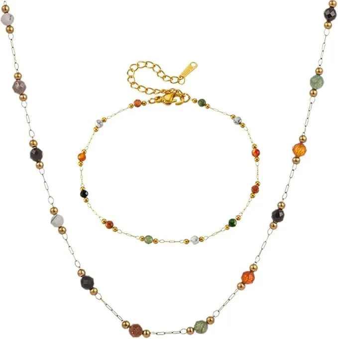 SDFWGG 2 Pezzi Set Gioielli Donna Collana Bracciale con Perline in Pietra Naturale Parure Elegante Collana e Orecchini a Goccia Set Gioielli Donna Goccia - immagine 1